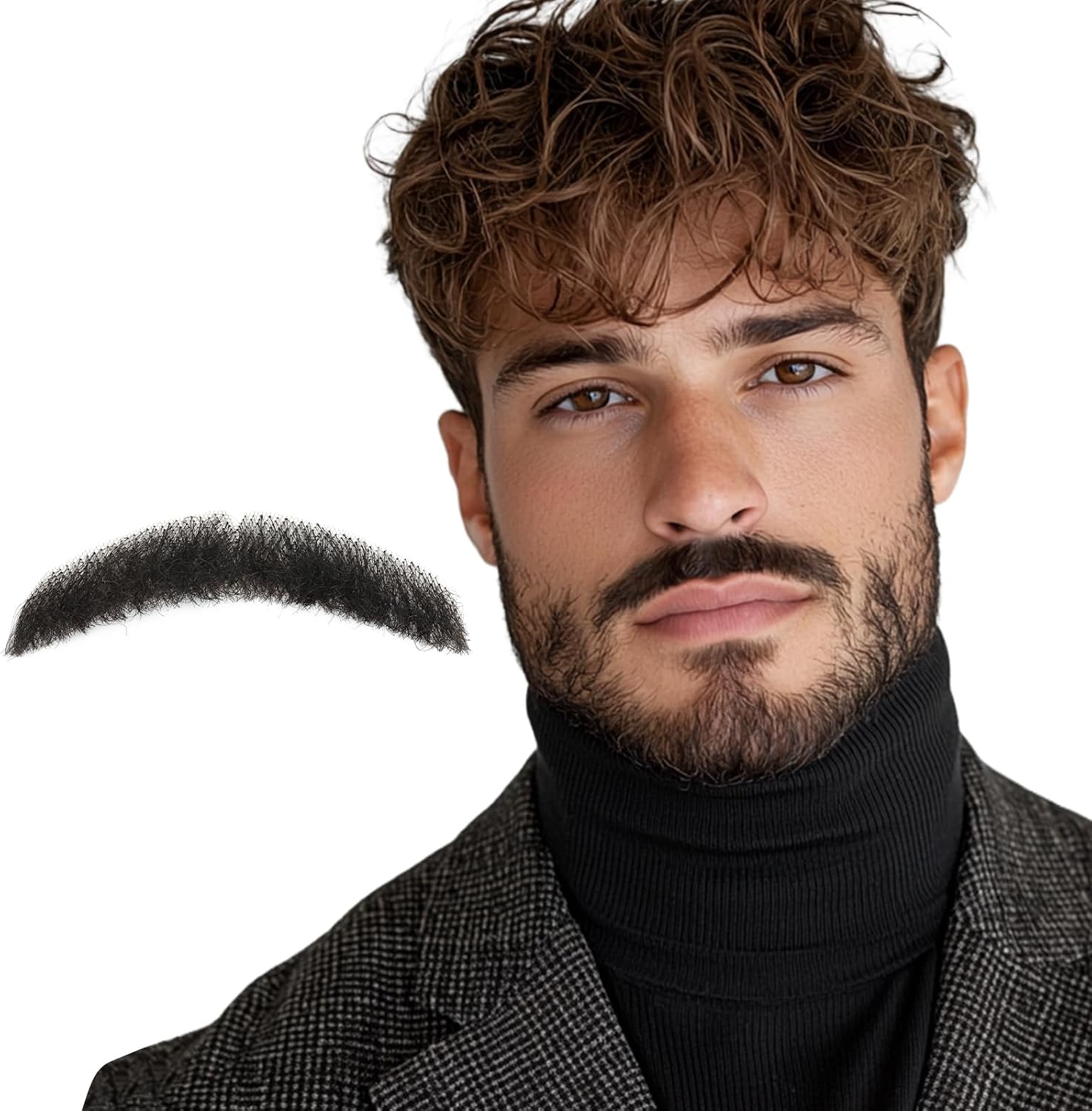 Human Hair Fake Mustache, Invisible Lace Fake Mustaches, Handmade Fake Beard Costume for Halloween, Drama and Themed Parties（Black）