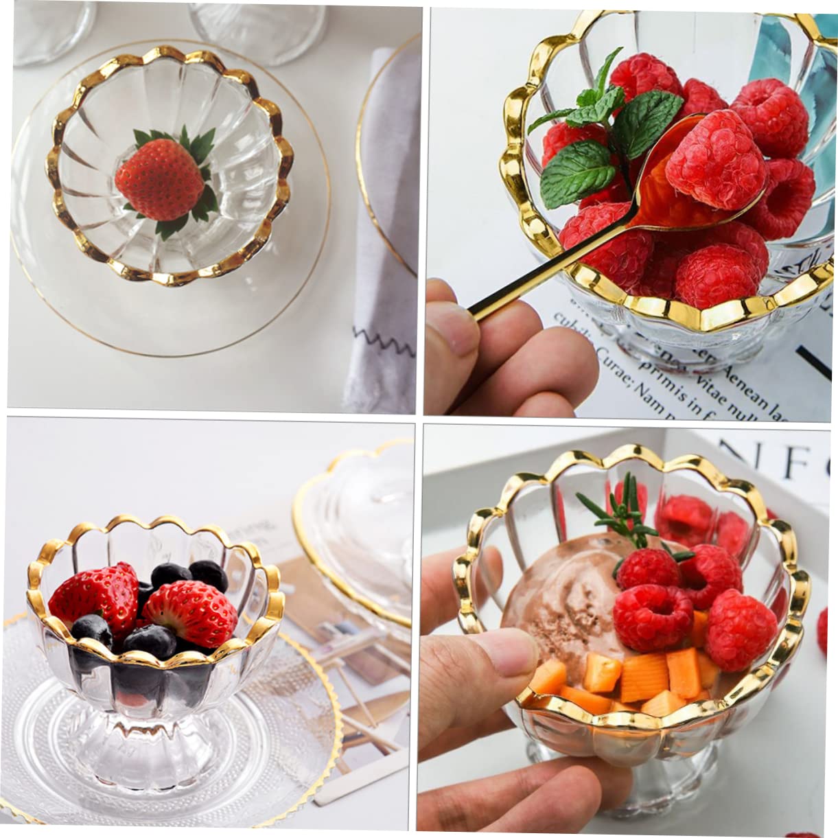 POPETPOP 3 Pezzi Tazza da Dessert Vetro Trasparente Forma di Fiore con Dorato Coppa Gelato Creativa Monoporzione per Dolci Casalinghi e Pudding