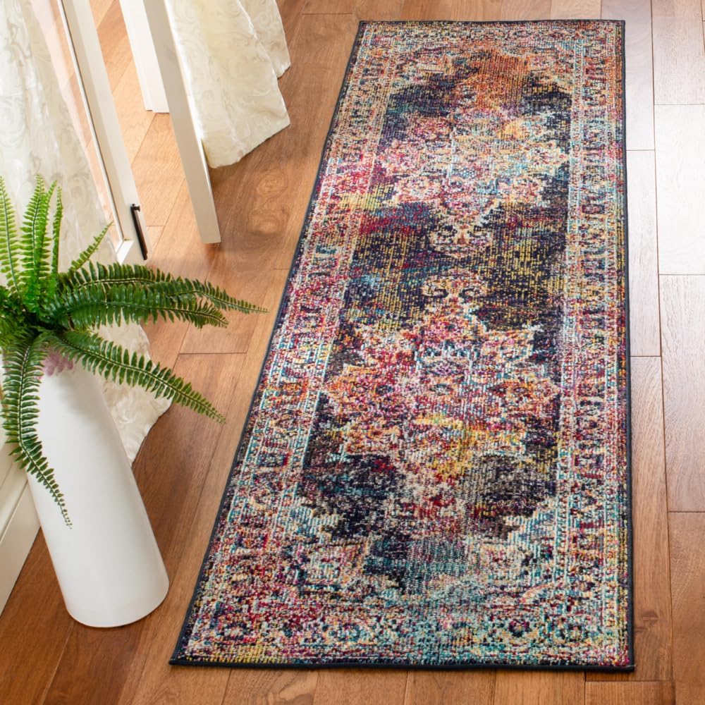 SAFAVIEH Crystal Collection Runner Rug - 2'2" x 7', Navy & Light Blue, Medallion Distressed Design, Non-Shedding & Easy Care, Ideal for High Traffic Areas in Living Room, Bedroom (CRS513H)