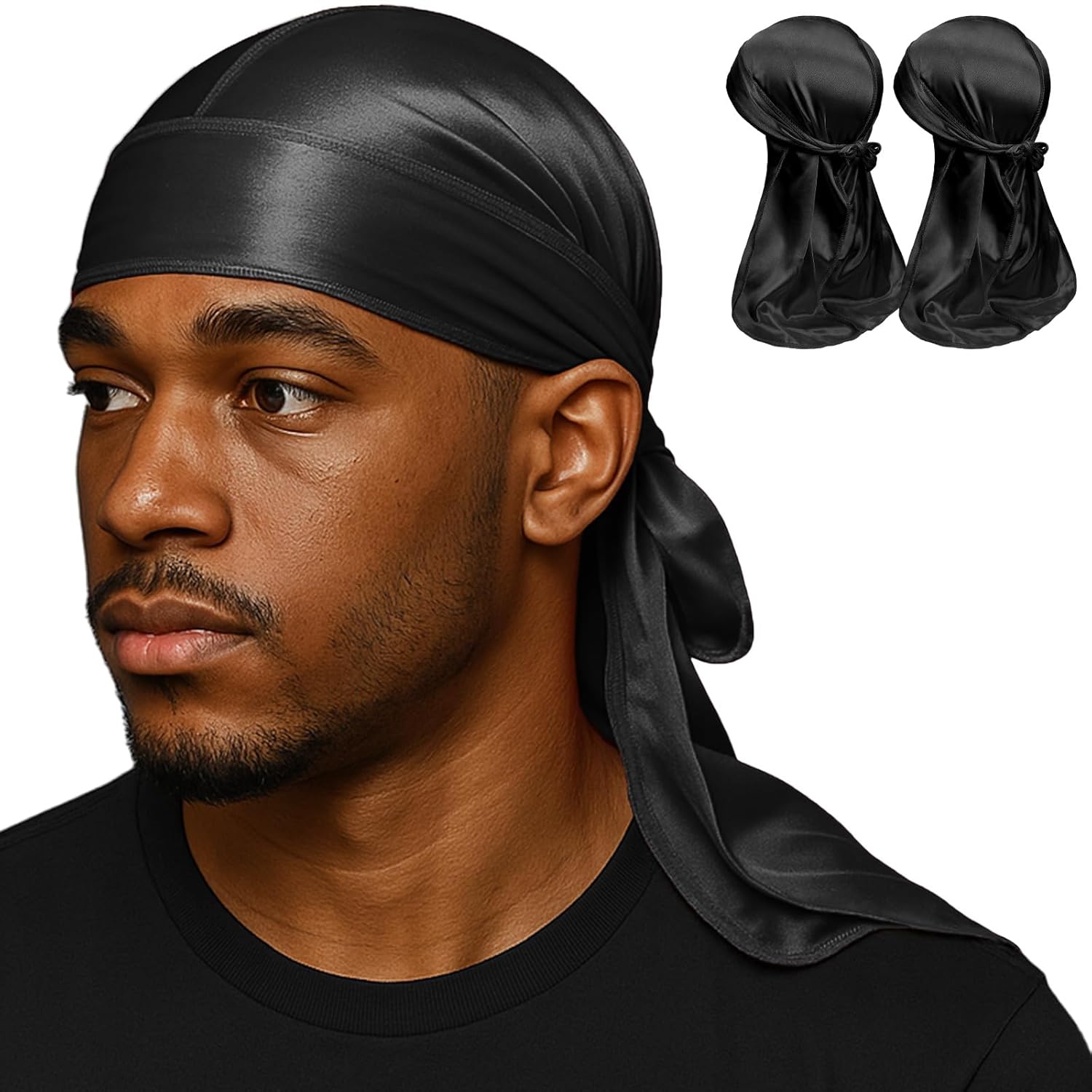 2PCS Silky Durag Pack for Men Waves Satin Doo Rag for 360 540 720 Waves black