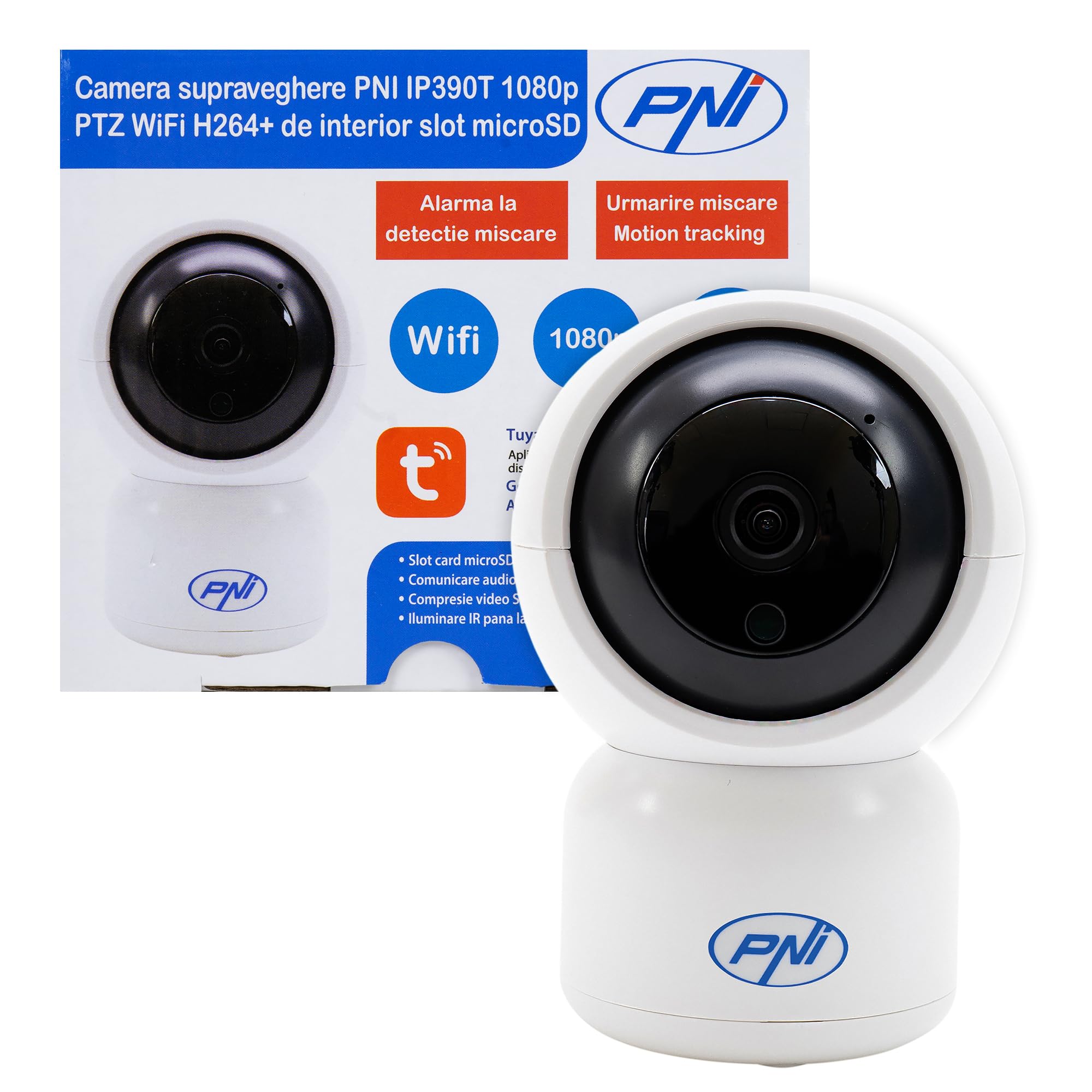 PNI Caméra de vidéosurveillance IP390T 1080P avec PTZ WiFi H264 + Prend en Charge 128 GB microSD, Vision Nocturne, Application Tuya, P2P