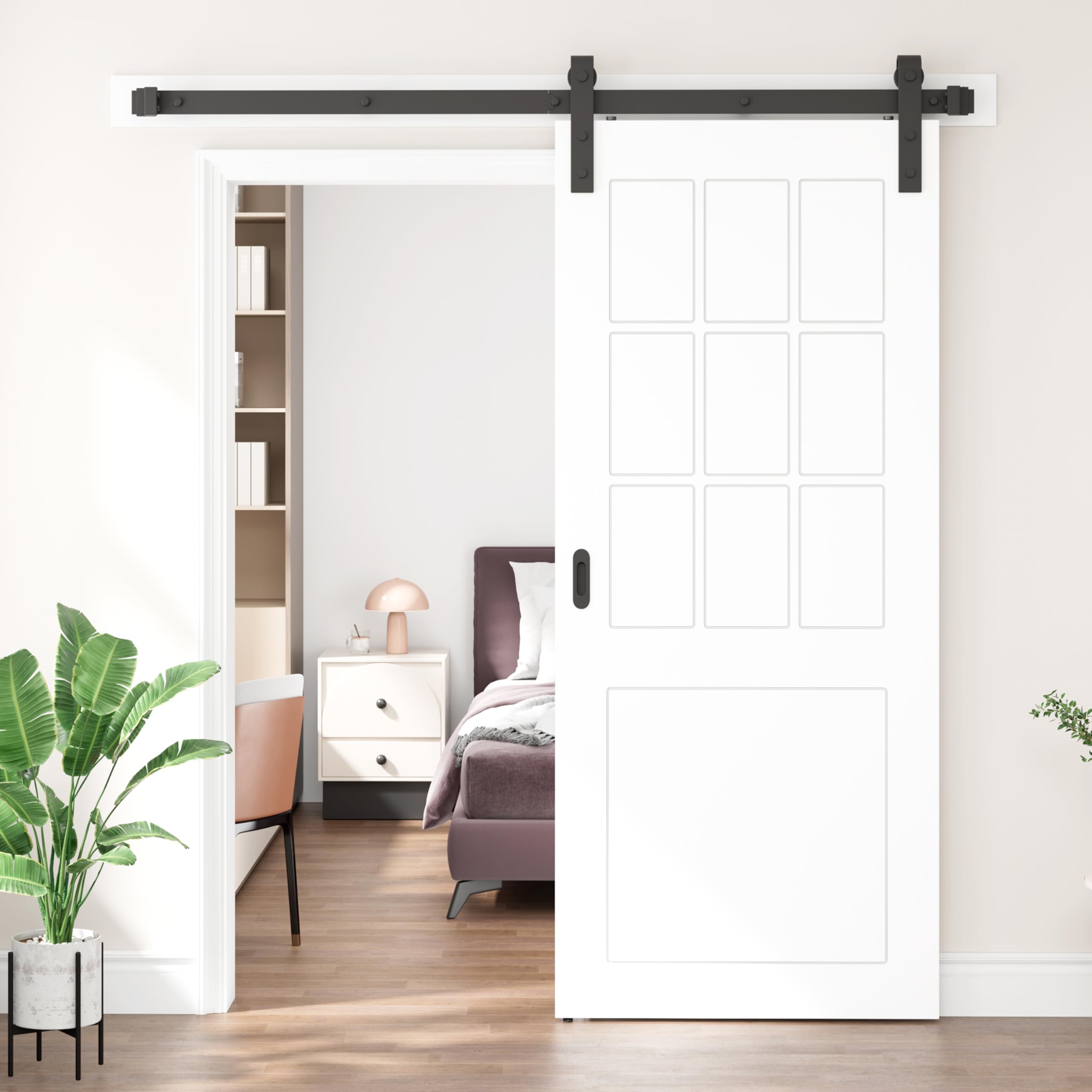DELAVIN 36 x 84 in Sliding Barn Door with 6.6 FT Hardware Kit Included, White Barn Door Easy Assembly with Door and Handles Pre-Assembled, Interior Barn Door Waterproof PVC Surface, Nine Grid
