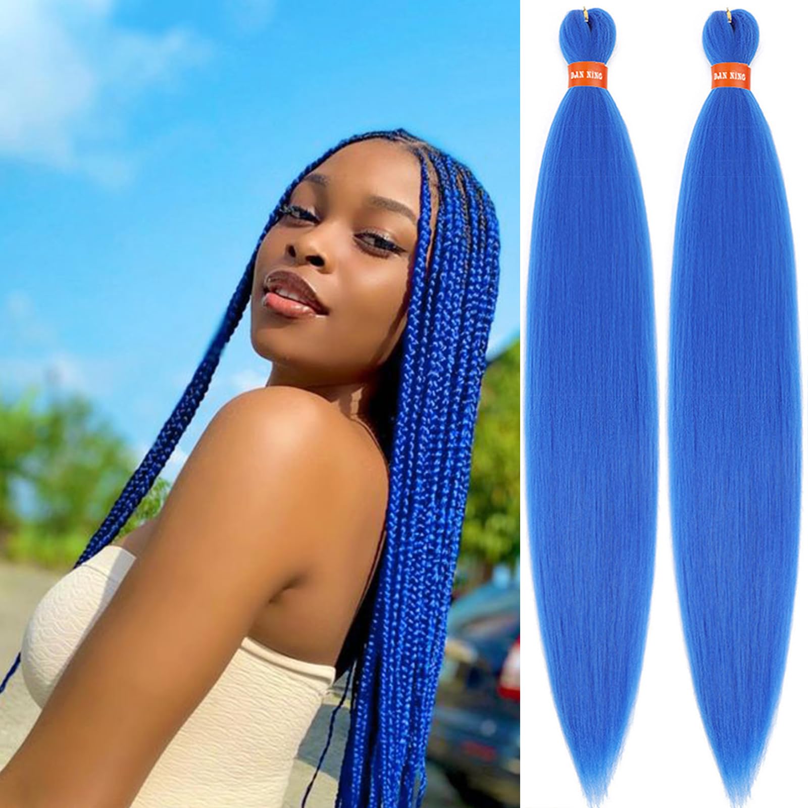 Lot de 2 paquets de cheveux tressés pré-étirés bleus, colorés, 76,2 cm, texture Yaki, faciles à utiliser