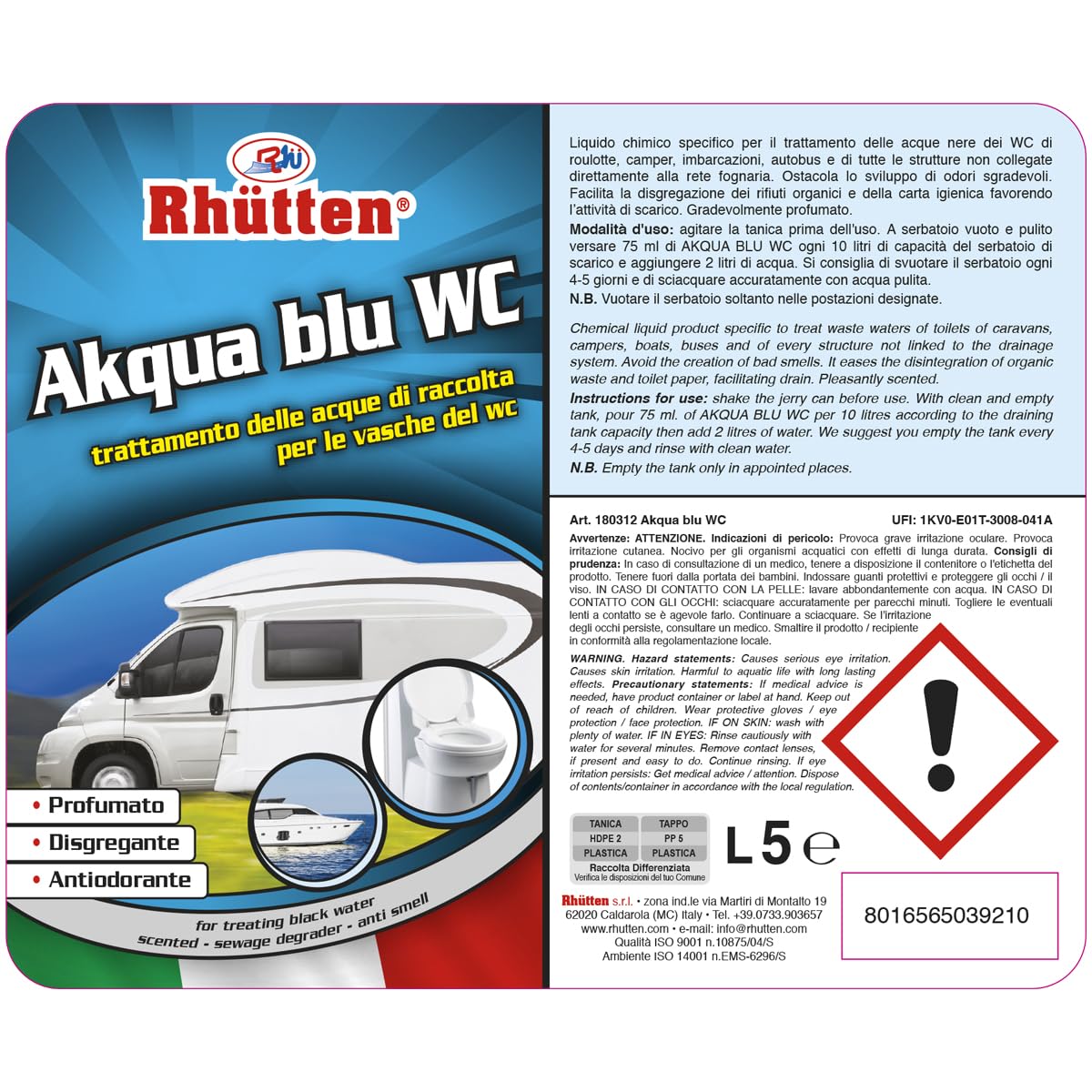 Akqua Blue Wc, Desgrégant Wc Camper, Liquide Eaux Noires, Eau Bleue, Wc Chimique, 5L