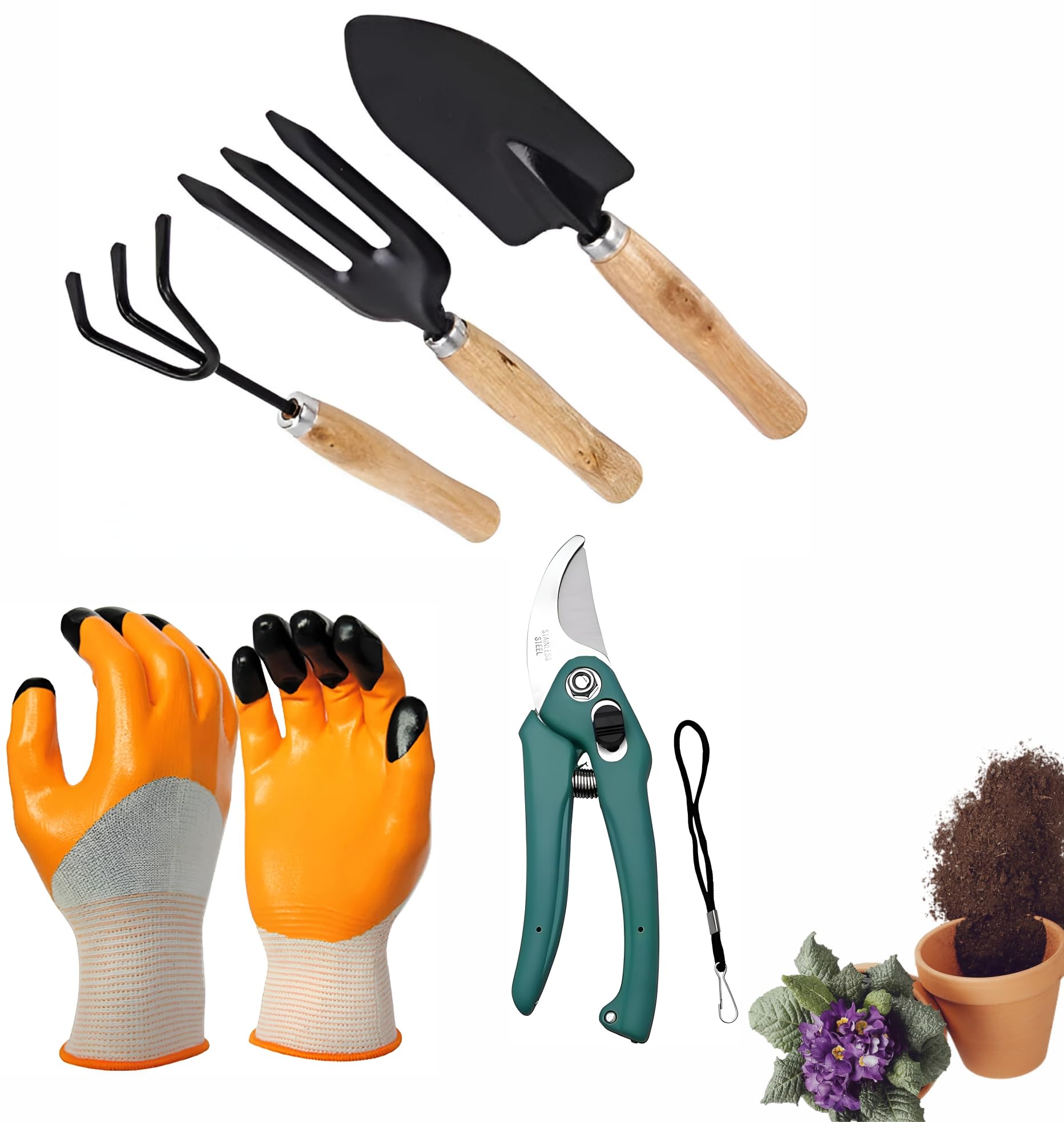 5 Piece Gardening Tool Set |Wooden Handle Hand Cultivator, Trowel, Garden Fork, Pruner with Flower Cutter and Gloves-image-0