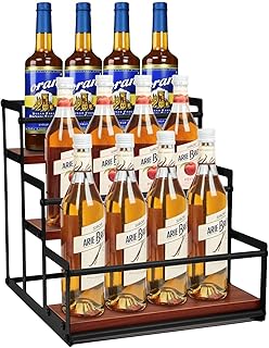 3 Tier Coffee Syrup Storage Rack, Rustic Wood & Metal Coffee Syrup Bottle Holder Stand, Countertop Freestanding Organizer for Coffee Bar Station,12 Bottles Display Shelf for Syrup, Wine, Liquor