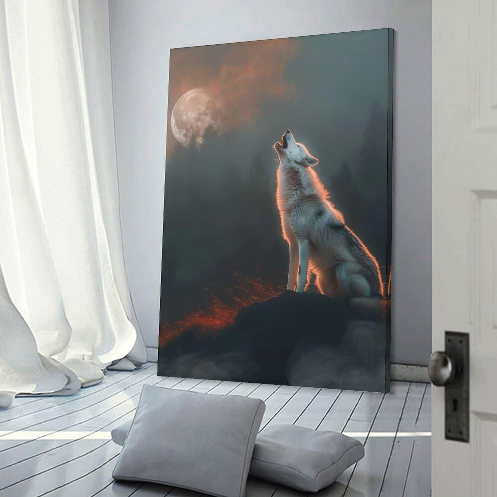 Junmoney Moonlit Howling Wolf Wall Art Print, 20x30inch(50x75cm), for Office, Study Or Home Workspace, Decorative Artwork for Productive Spaces