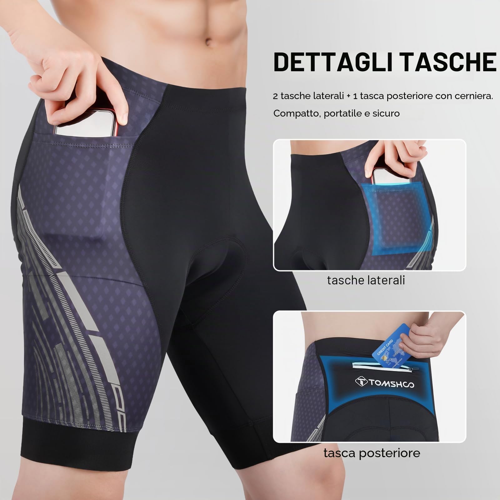 TOMSHOO Pantaloni da Ciclismo Uomo, MTB Ciclismo Uomo 4D Imbottiti, Pantaloncini Bici Uomo Traspirante Asciugatura Rapida con 3 Tasche Antiscivolo Antiurto MTB Shorts | Pantaloni da mountain bike con rivestimento riflettente, gamba antiscivolo