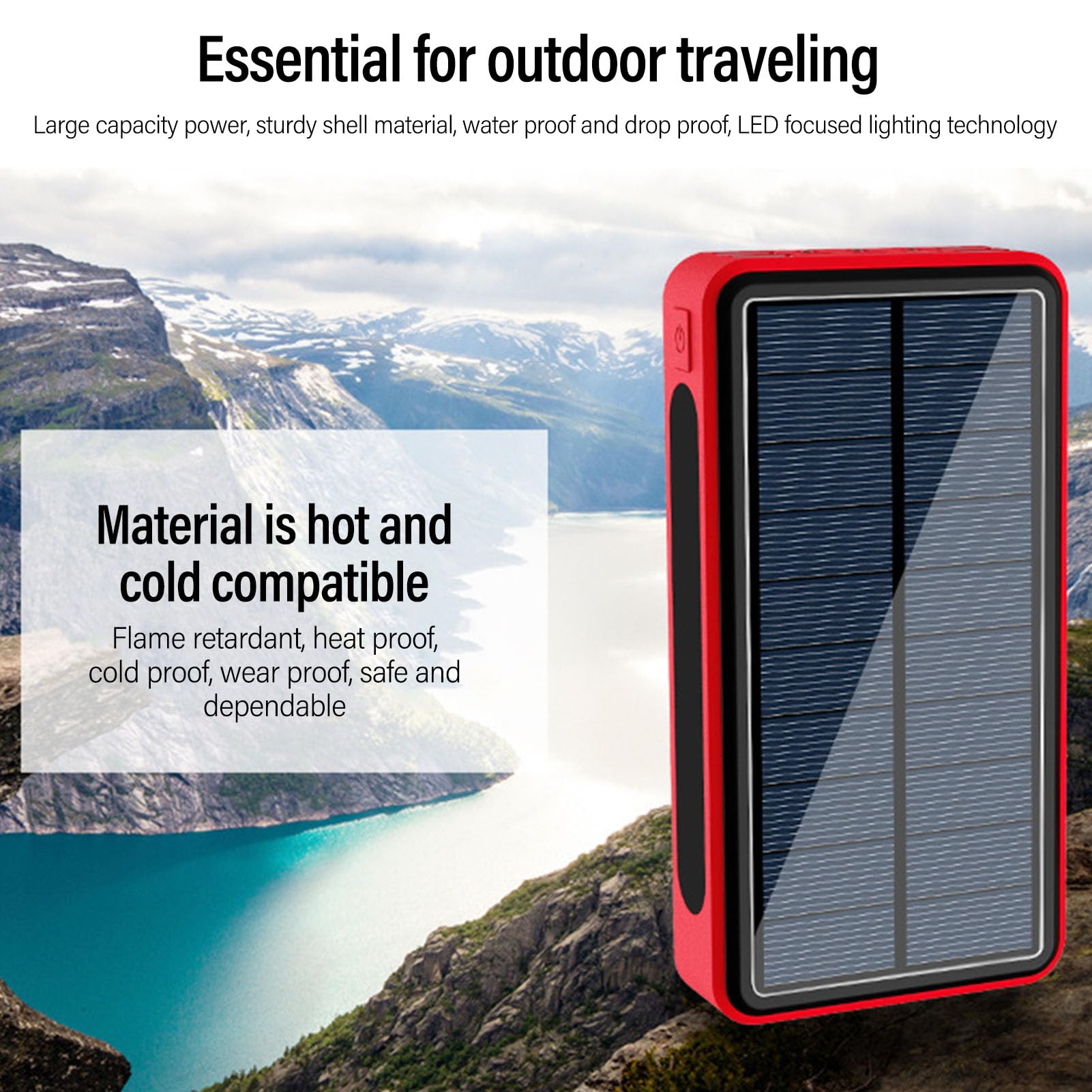 Asixxsix 50000 MAh Solar Power Bank, Przenośna ładowarka Telefoniczna z latarką SOS, Przenośna ładowarka USB do Kempingu w Nagłych Wypadkach na Zewnątrz (czerwony)