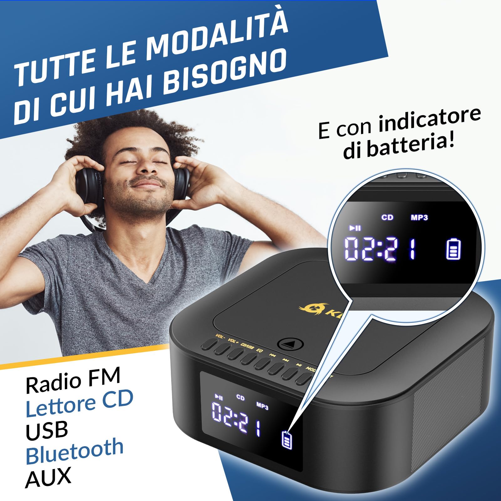 KLIM Lettore CD Stereo Boombox E1 - BASS Boost con Subwoofer - FM Radio con Lettore CD e USB, Bluetooth, AUX - Stereo casa - Filo o Wireless - Batteria ricaricabile, Telecomando - Nero/Oro