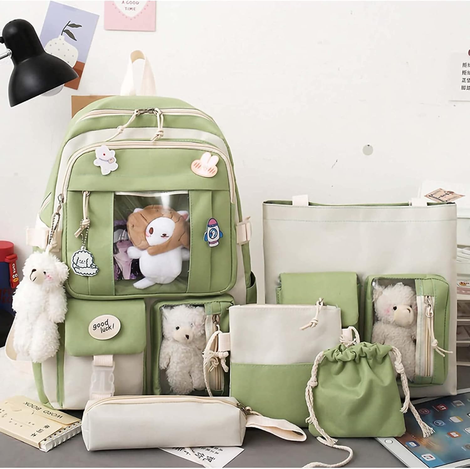 Kawaii Backpack 5pcs Set 17in Aesthetic sports bag with Cute Backpack, Shoulder Bag, Pencil Box, Tote Bag, Small Bag (Green backpack) - Image 3