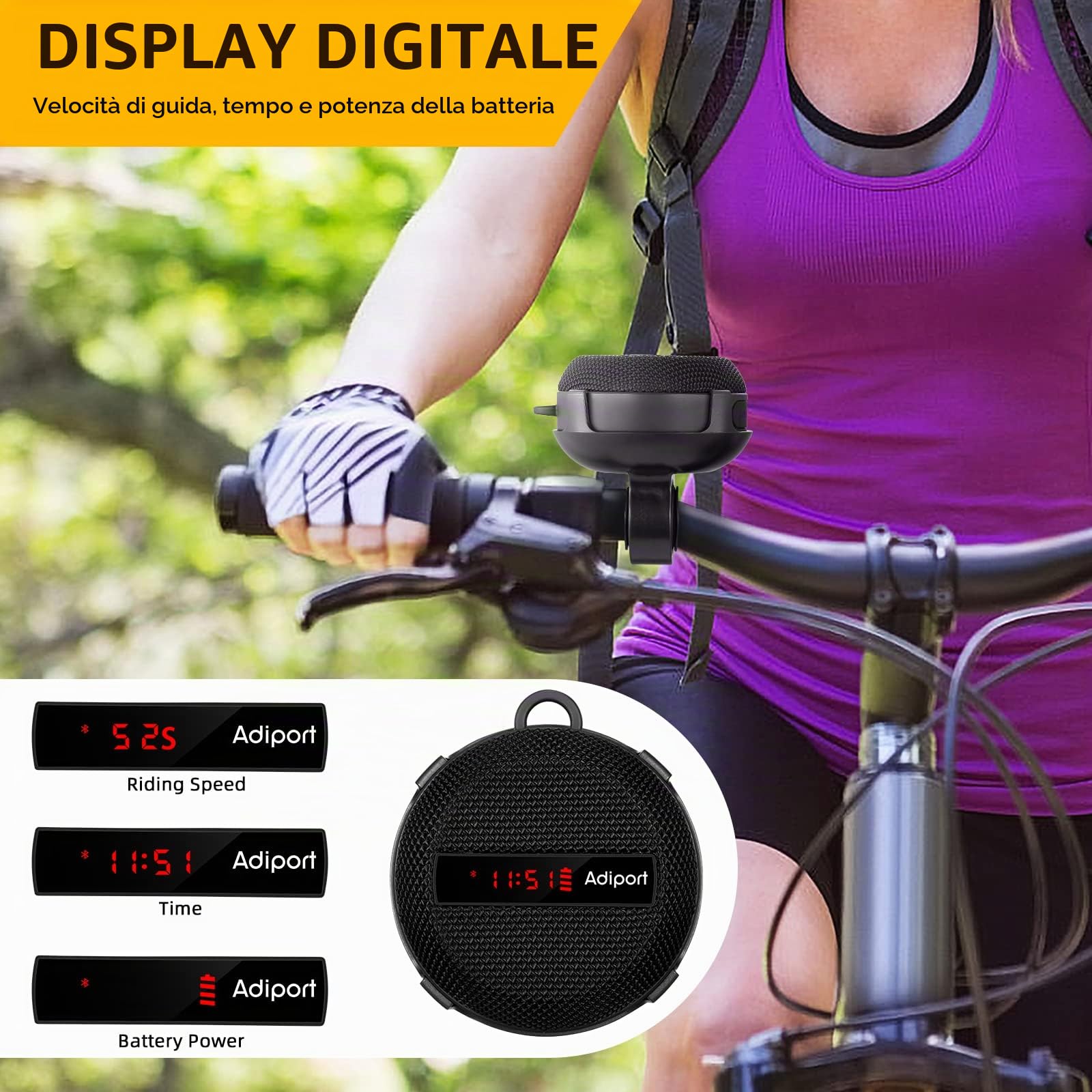 altoparlante bluetooth bicicletta,velocità di guida, visualizzazione tempo,altoparlante portatile wireless per bicicletta, IP65 impermeabile e antiurto per escursioni in bicicletta all'aperto