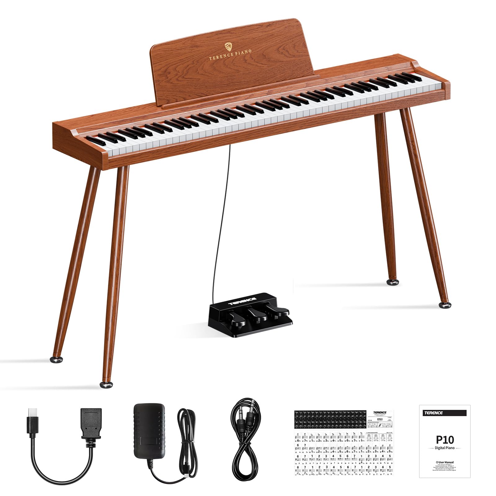 TERENCE P10 Pianoforte Digitale 88 Tasti per Principianti, Studenti & Intrattenimento Domestico | Sistema a 3 Pedali, Altoparlanti Stereo 20W, Doppia Uscita Cuffie