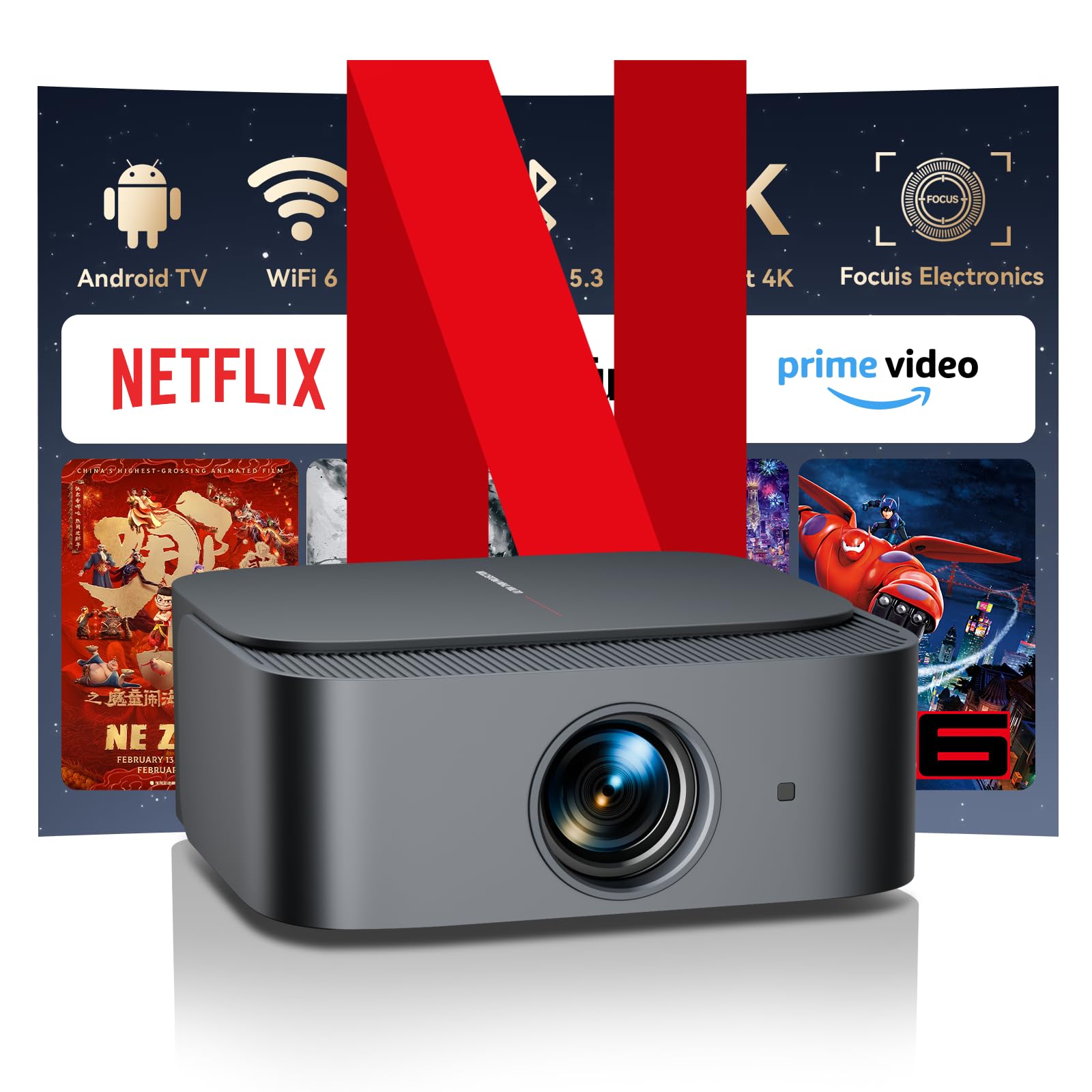 【Official Netflix】Focus Electronic 】Projector 4K 1080P Native Full HD Projector 25000 Lumens Home Cinema, WiFi Bluetooth Android Video Projector with YouTube/Prime Video E1