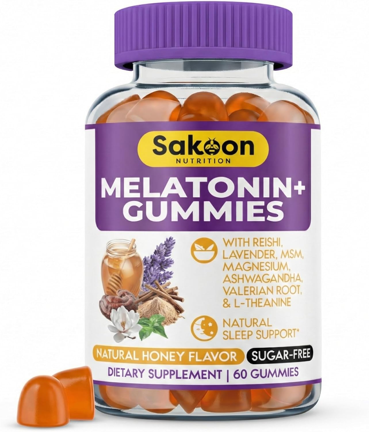 Sakoon nutrition Melatonin Gummies for Women & Men | 10mg Melatonin Plus Gummies with Sugar Free Natural Honey Flavor | Reishi, Magnesium & L-Theanine | Vegan Halal Sleep Support | 60 Count