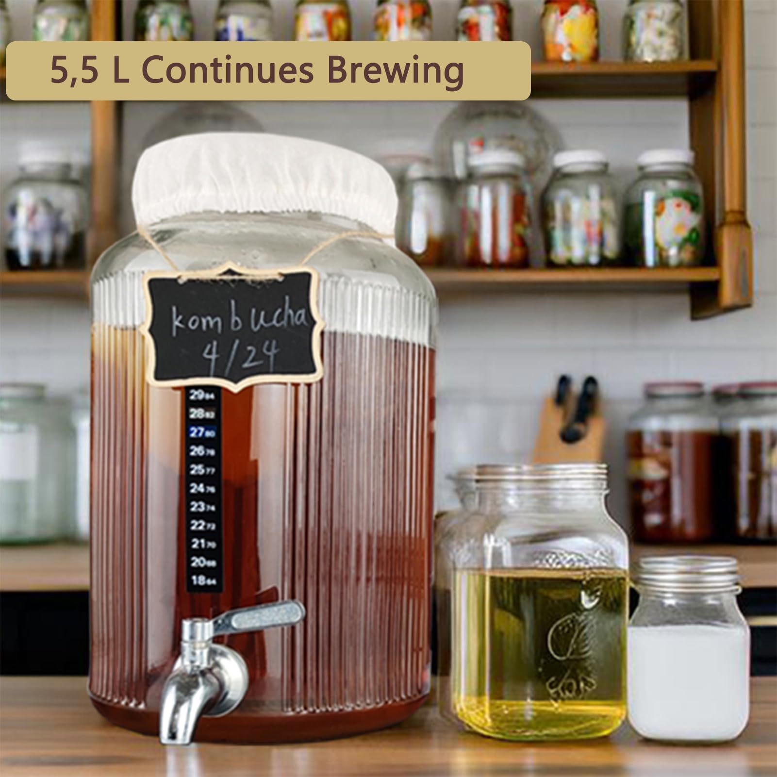 Kit Avviamento Kombucha e Jun con Barattolo di Vetro da 5,5L, Rubinetto in Acciaio Inox, Accessori per Fermentazione Continua, Strisce pH, Termometro, Copertura, Imbuto e Filtri