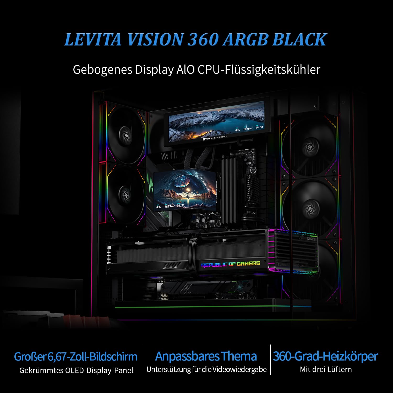 Thermalright Levita Vision 360 ARGB Black - Ventola di raffreddamento wireless per CPU AIO, schermo curvo con risoluzione 2400 x 1080, per AM4/AM5, Intel LGA1851/1700, schermo 3D da 6,67"
