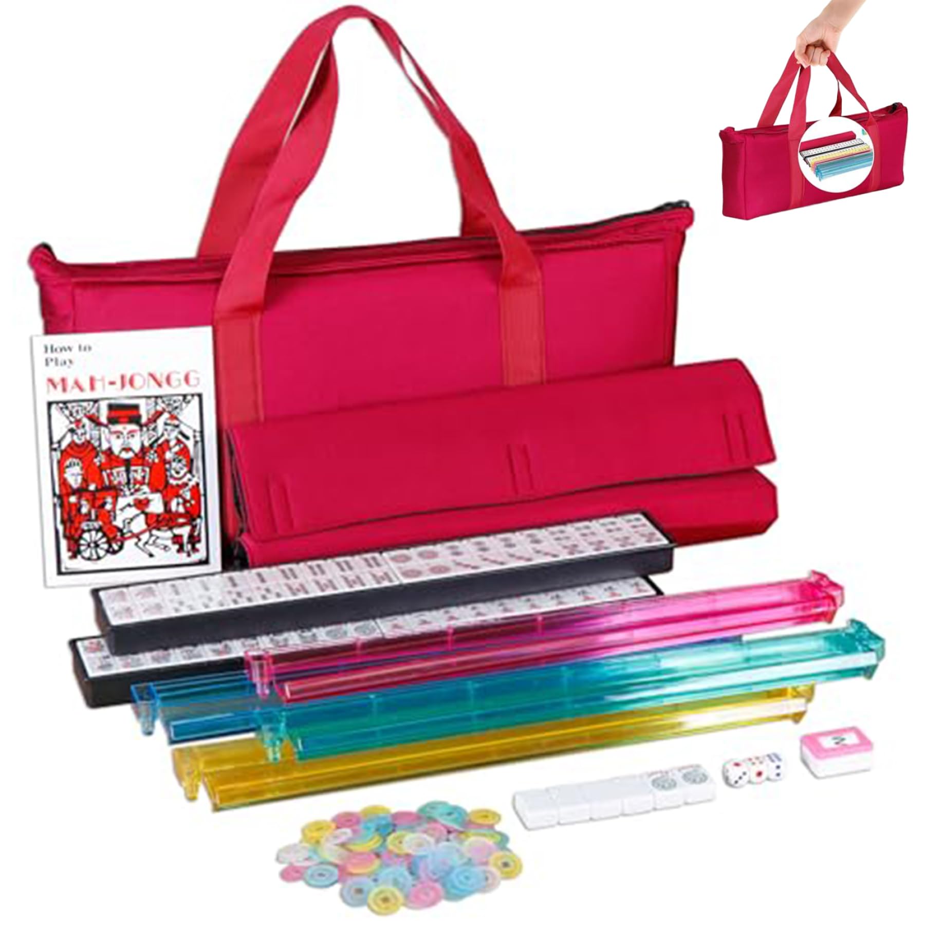 American Mahjong Set, clásico set americano mahjong completo, set de mahjong de tamaño completo con 166 azulejos, estante/empujadores de 4 piezas, bolsa roja suave, papas fritas, concesionario de vie