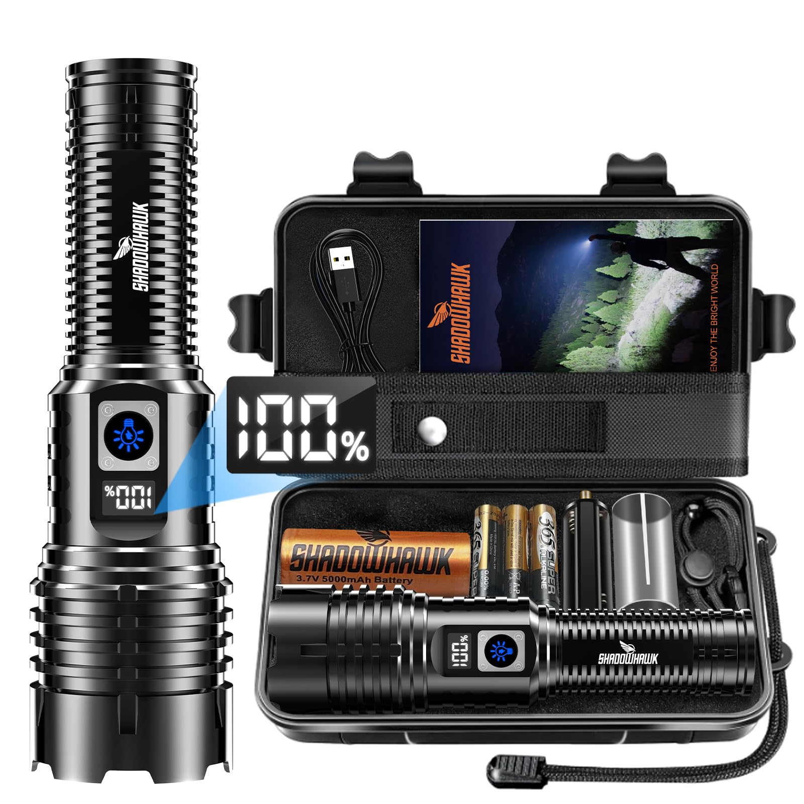 ShadowhawkFlashlight Rechargeable TorchLight, 20000 Lumens Flash Light Led flashlights Tactical, XHM77.2 Led Torch Light High Power, USB Handheld Powerful Torches for Camping Hiking Emergency