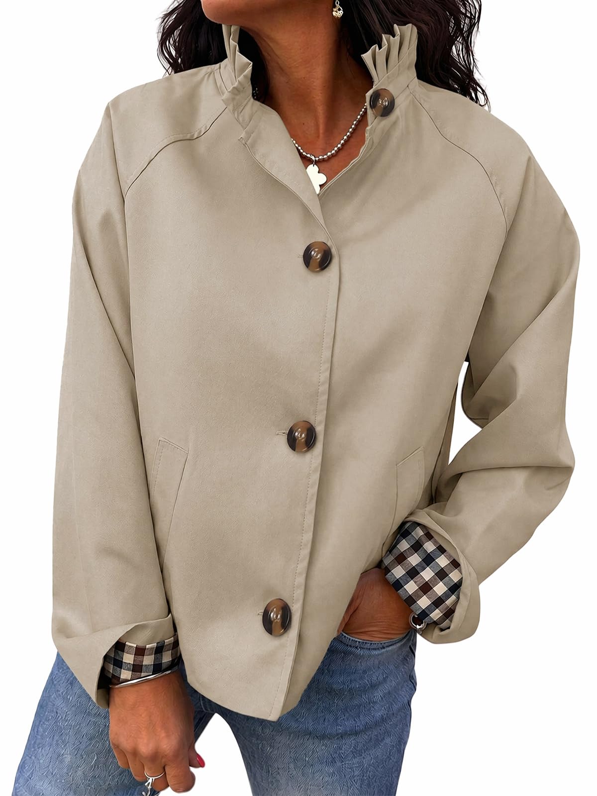 Cicy Bell Womens Ruffle Short Trench Coat Single Breasted Cropped Jackets
