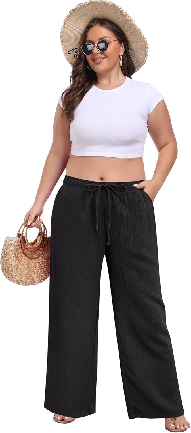 Womens Wide Leg Palazzo Pants Dressy Casual Lounge Baggy Pant Summer Travel Loose Drawstring Elastic Waist Trouser with Pockets Black XL - Image 6