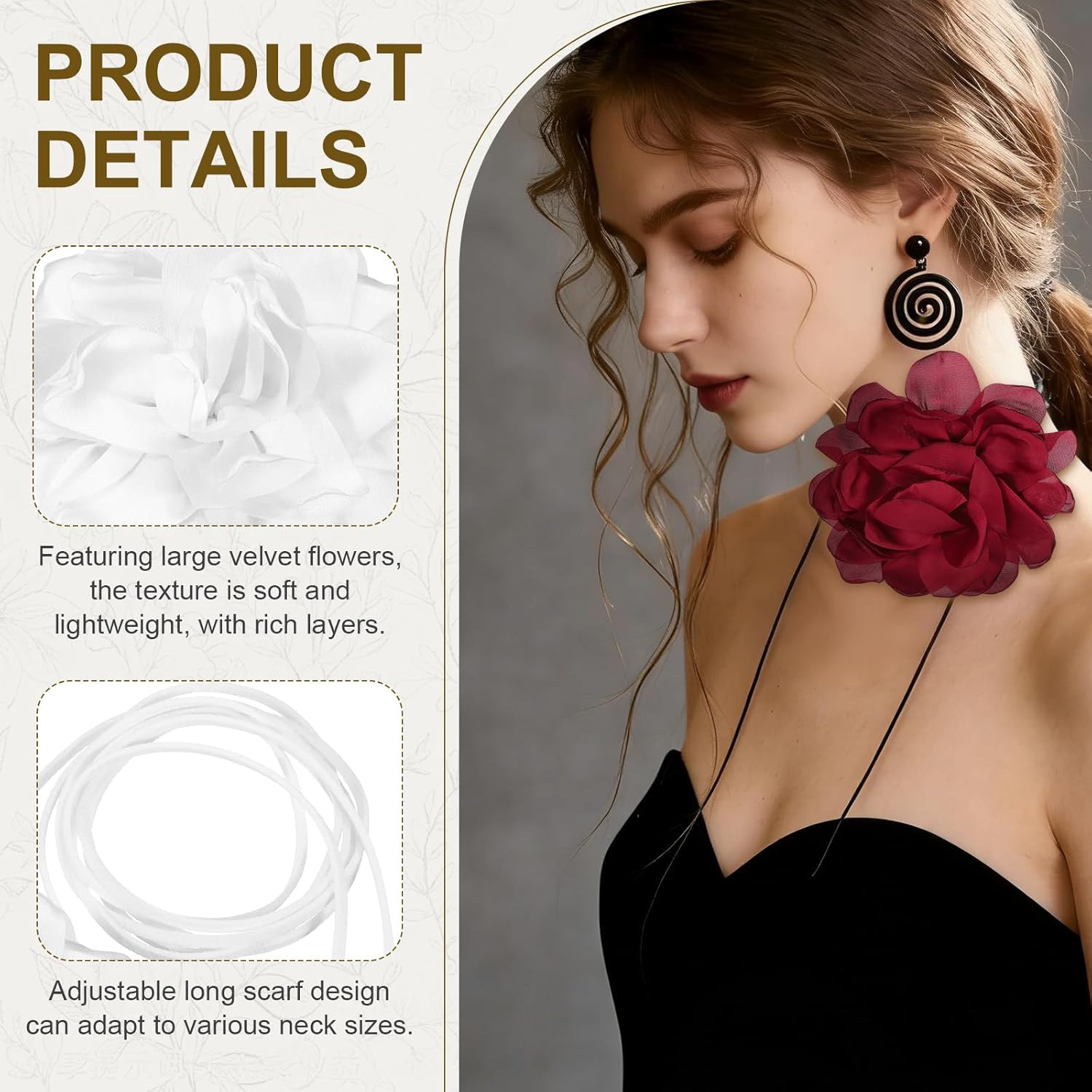 PATIKIL Flower Chokers Necklace for Women, Large Velvet Flower Chokers Adjustable Long Wrap Floral Necklaces Accessories for Women - Image 3