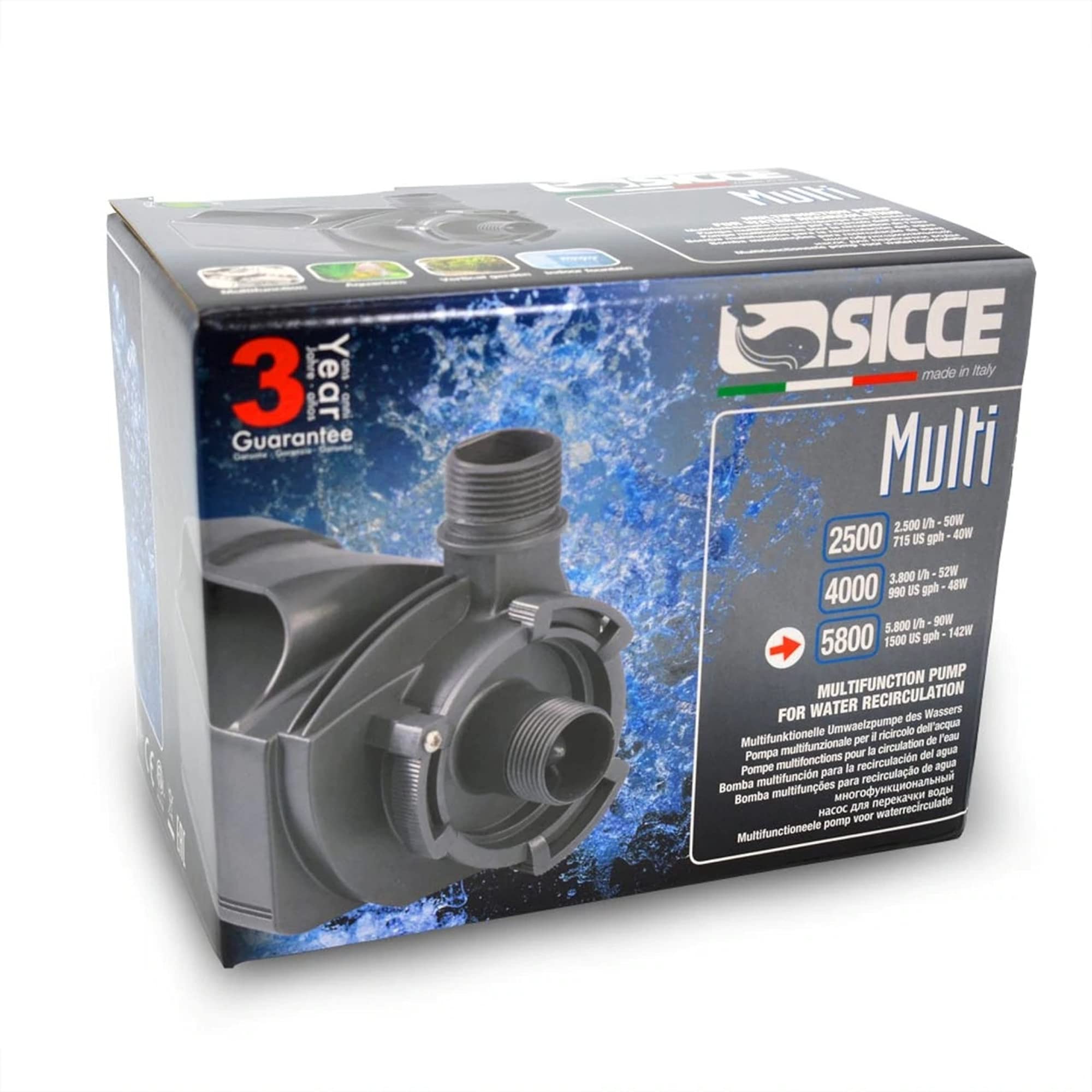 SICCE Pompe d'aquarium multifonction MULTI 5800, 1500 GPH, conçue pour une utilisation en immersion et en ligne.