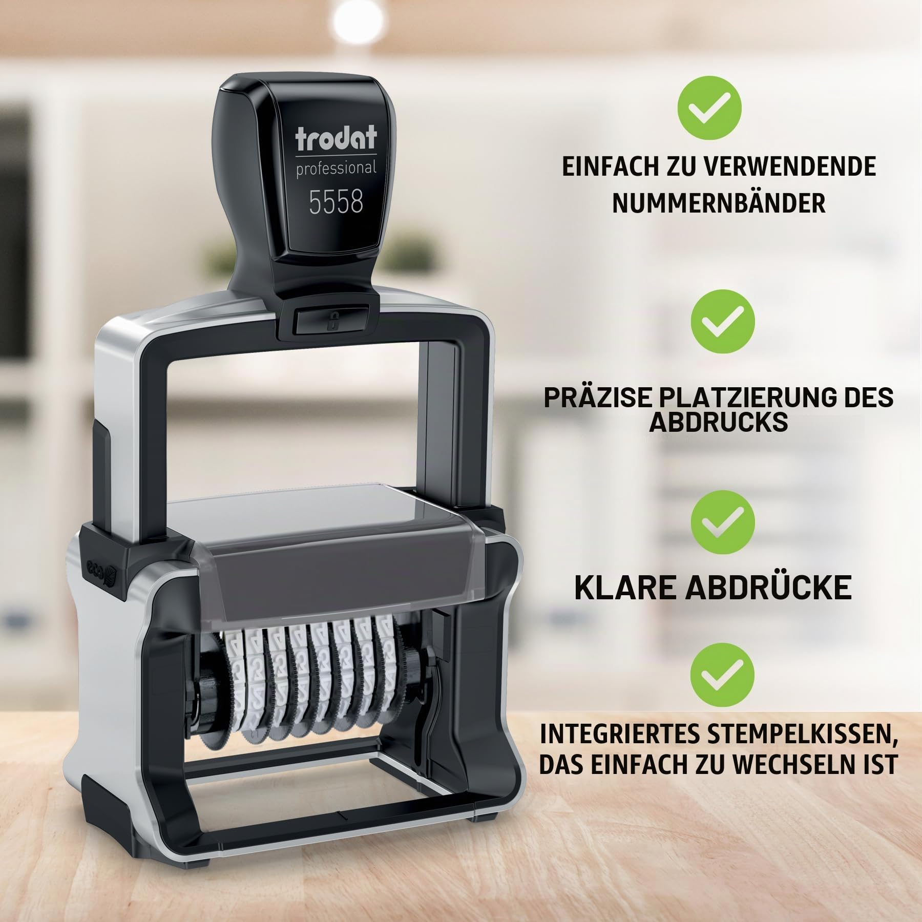 Trodat Professional 5558 Nummernstempel 8 Bänder, Selbstfärbend, 5 mm Schrifthöhe, Abdruck schwarz | Bürostempel, Abdruck 40x5 mm, Abdruck schwarz, selbstfärbend, dokumentenecht, archivierbar, Schrifthöhe 5 mm