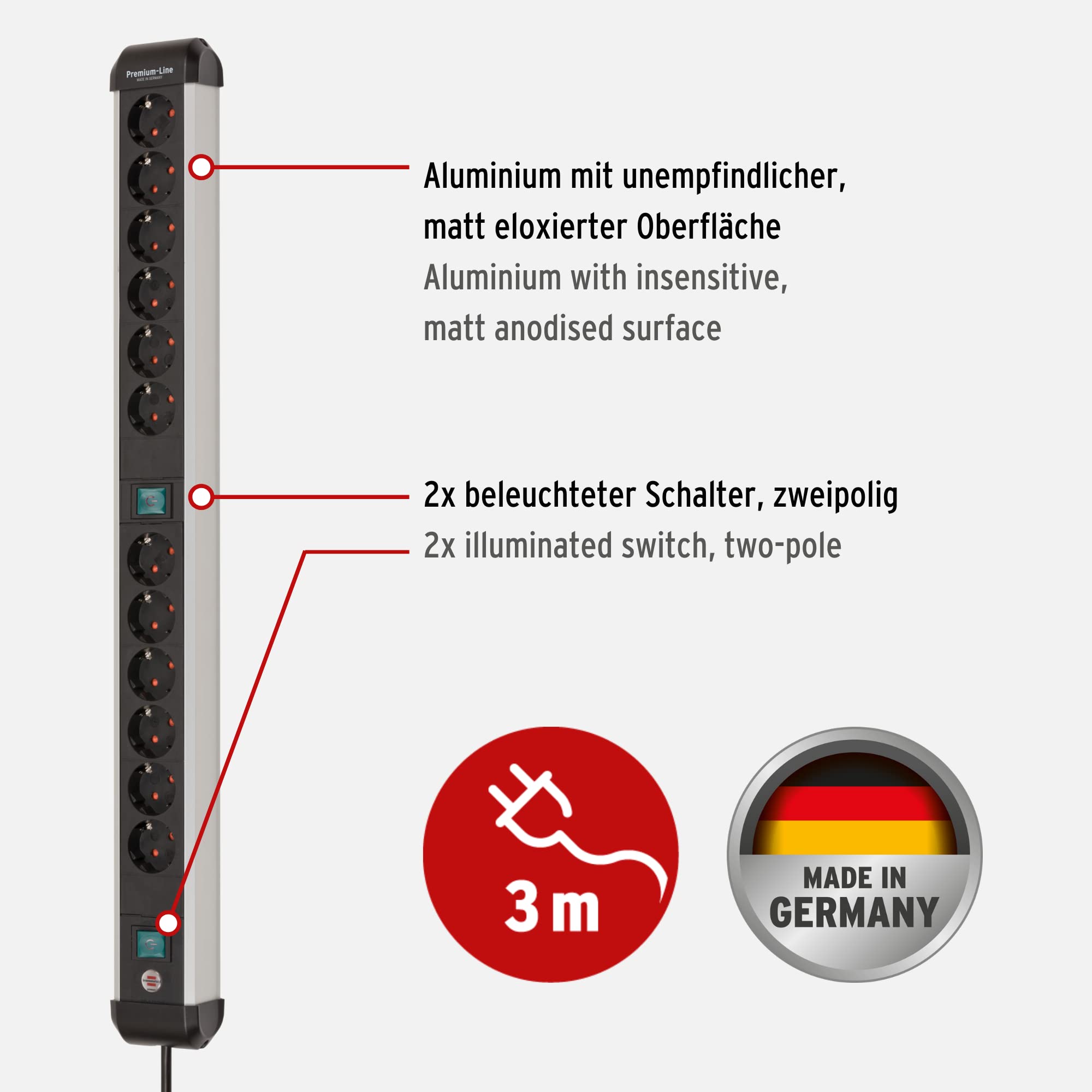 Brennenstuhl Premium-Alu-Line Steckdosenleiste 12-Fach/Steckerleiste & Premium-Alu-Line Steckdosenleiste 8-Fach/Steckerleiste