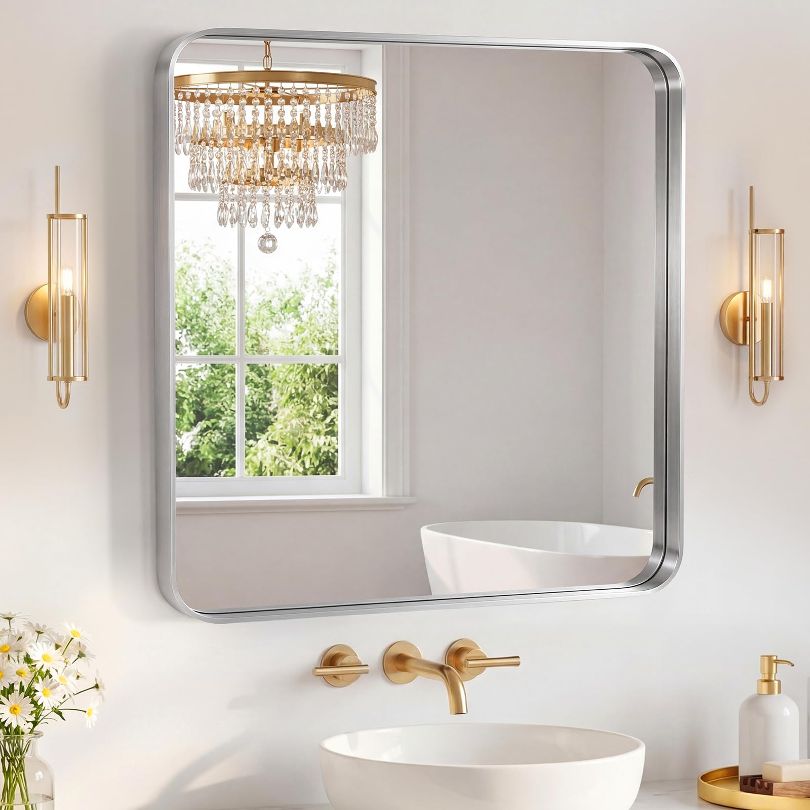 Sweetcrispy Bathroom Mirror 30x30 Inch Metal Framed Rounded Rectangle Vanity Mirror for Wall, Over Sink, Farmhouse, Restroom, Anti-Rust, Modern Decorative, Horizontal or Vertical Hanging, Silver