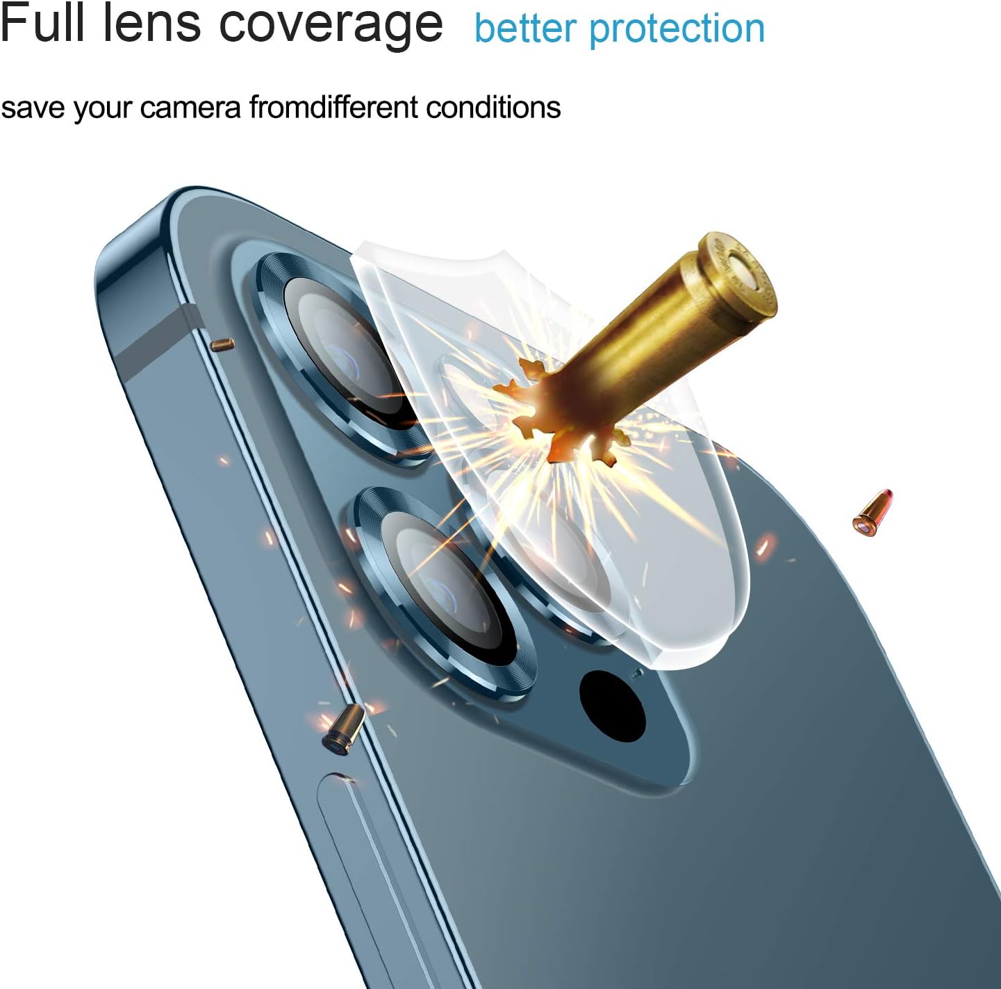 Buluby for iPhone 12 Pro Max Camera Lens Protector Cover,3 PCS HD Tempered Glass Metal Full Coverage Back Lens Protection Ring Film Anti-Scratch,Anti-Dust Pacific Blue