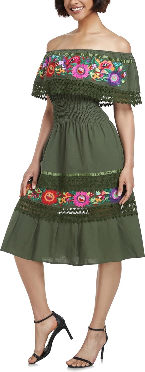 YZXDORWJ Mexican Dress for Women Embroidered Traditional Boho Theme Fiesta Floral Lace Off-Shoulder Ruffle Party Dress - Image 6