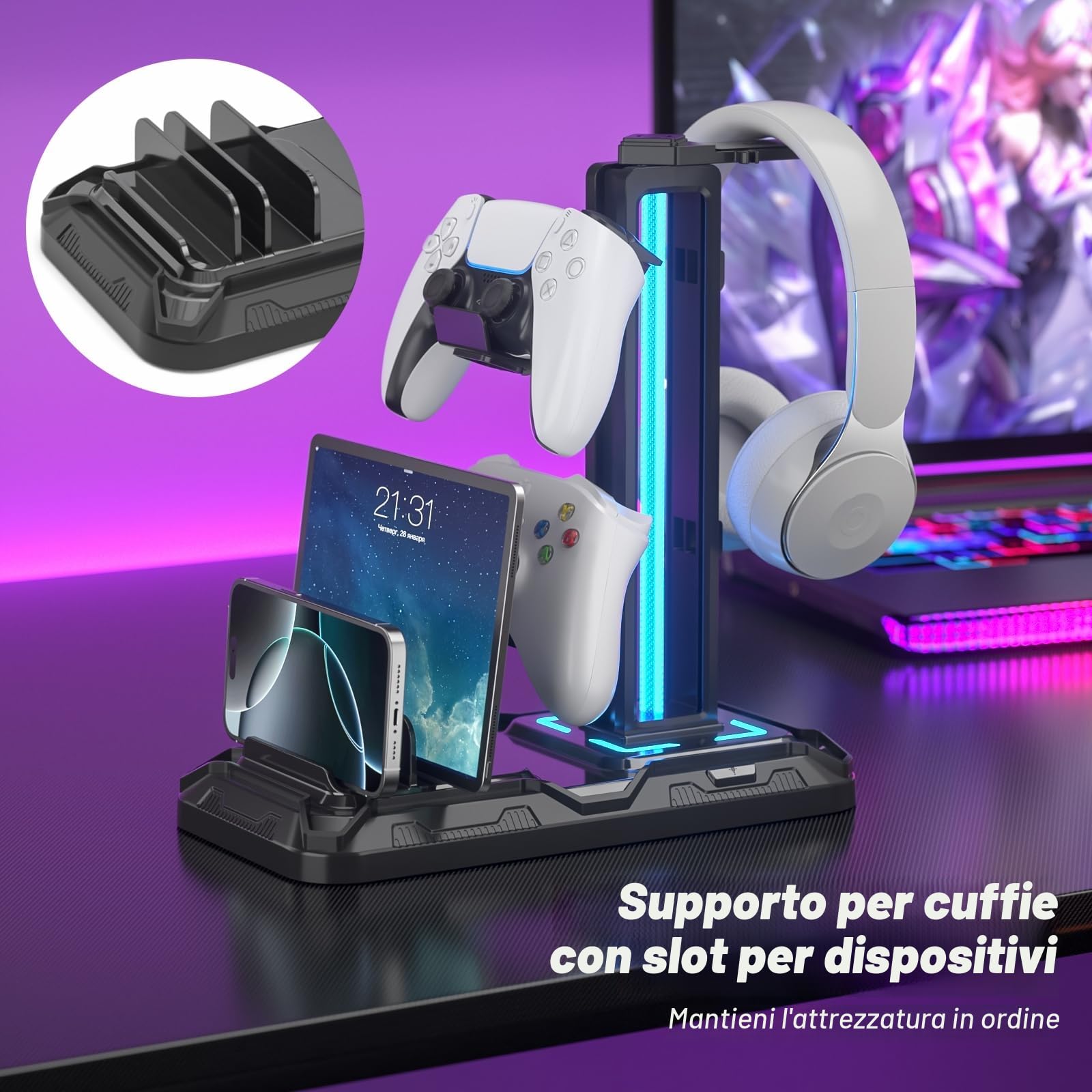 KDD Porta Cuffie da Scrivania con Supporto Telefono, Stand Cuffie Gaming Nero, Porta Controller Staccabile 9 Modalità Illuminazione, USB