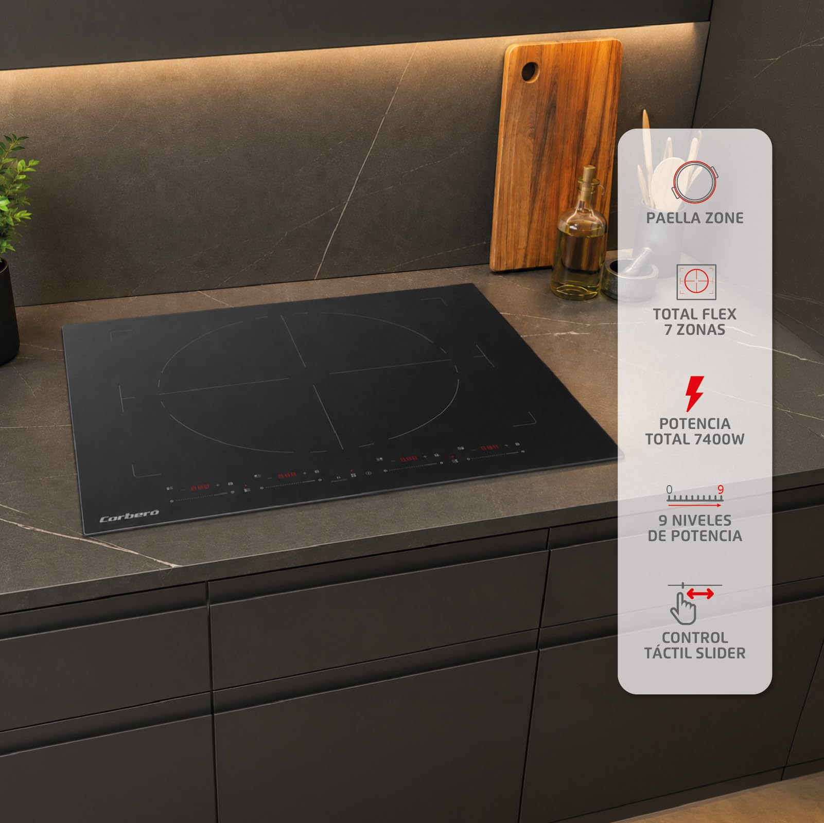Corberó - Piastra a induzione Total Flex | CCIM974EXTRA | 7400 W | 9 livelli di potenza | 7 zone flessibili | Zona paella 38 cm | Controllo touch con slider | Timer 8 ore | Nero