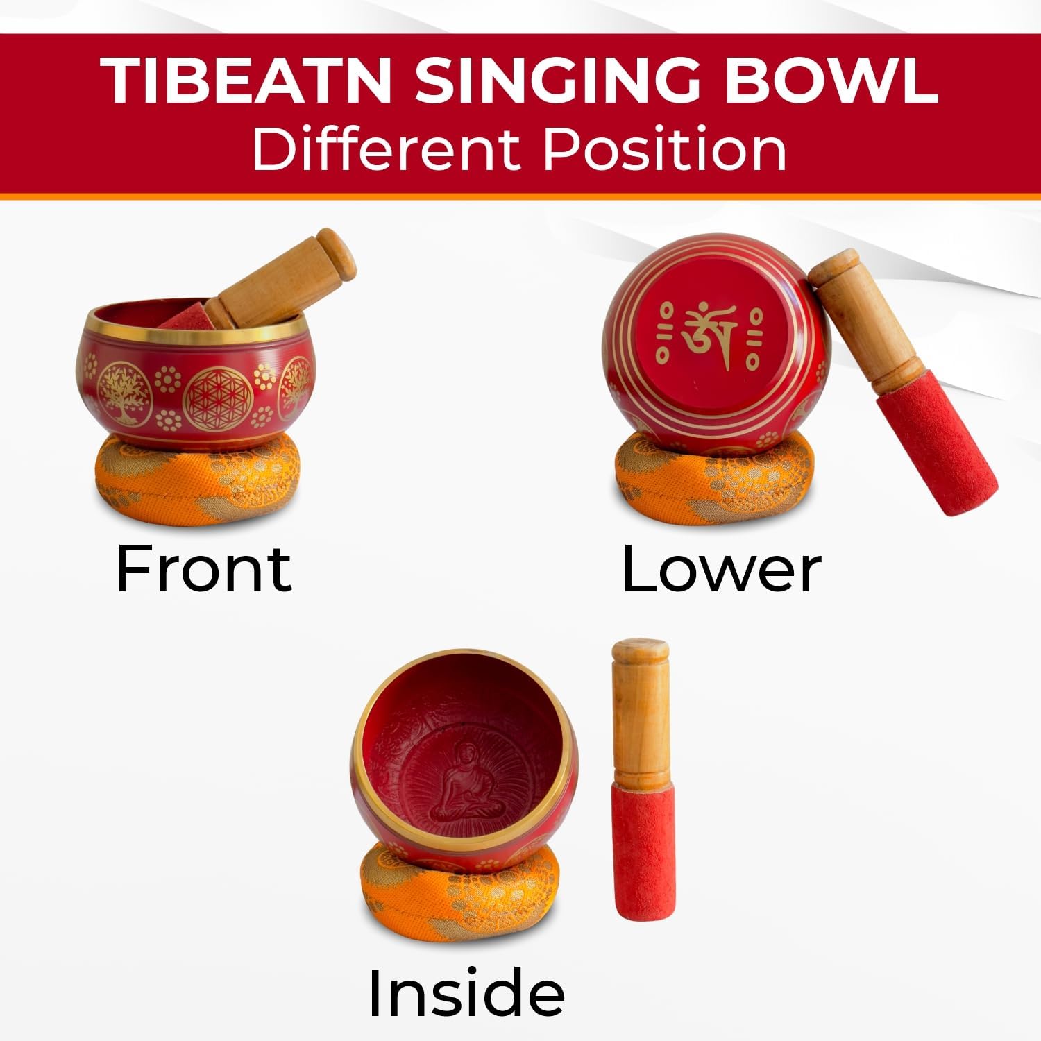 Nature’s Own Buddhist Tibetan Singing Bowl for Meditation - Authentic Metal OM Sound Bowl, Tibetan Prayer Instrument with Wooden Stick, Red 3.5 Inches - Deep Resonance for Healing & Relaxation