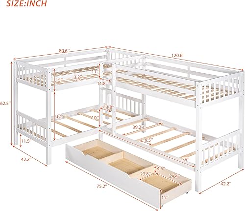 Miniatura 2 de Morhome Litera en forma de L con cajones litera para 4 camas individuales sobre individual para niños niñas adolescentes literas de madera cuádruple