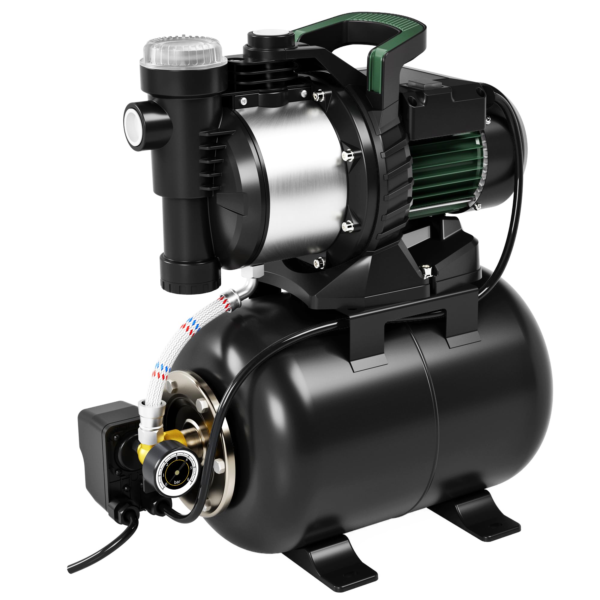 LANCHEZ Groupe Hydrophore 5000 L/H, Moteur 1300 W, Hauteur de Refoulement 50 m, Acier Inoxydable, Pompe de Surpression avec Réservoir 19L et Manomètre, Filtre, Raccord d'Eau et Vidange