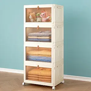 4 Tier Stackable Plastic Storage Bins with Lid and Wheels - 23 QT Closet Organizers and Storage, Foldable Storage Containers, Organization and Storage Boxes for Craft, Home, Pantry, Dorm,Yellow