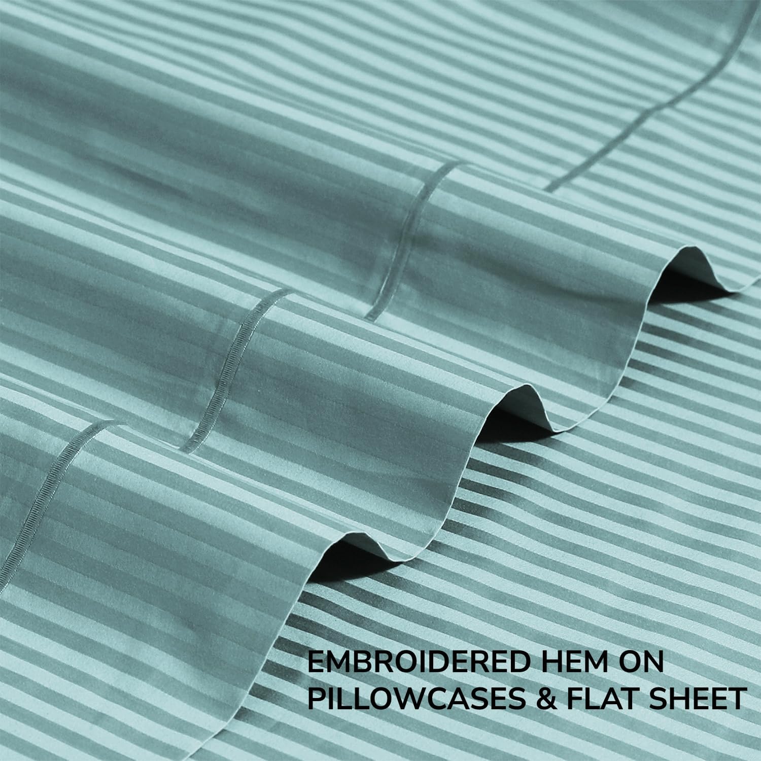 Feather & Stitch 500 TC Queen Size Bed Sheet Set, 100% Cotton Soft Breathable Bedsheets 4 Piece 18" Deep Pockets Sateen Weave Striped Bedding Mattress Resort Hotel Luxury - (Granite Green Stripe)