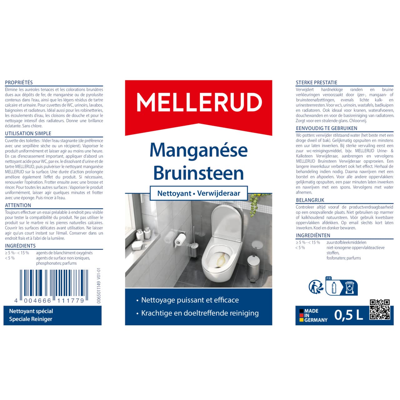 MELLERUD Éliminateur de calcaire causé par l'eau dure | 1 x 0,5 l | Détergent sans chlore pour éliminer les décolorations dans la salle de bain