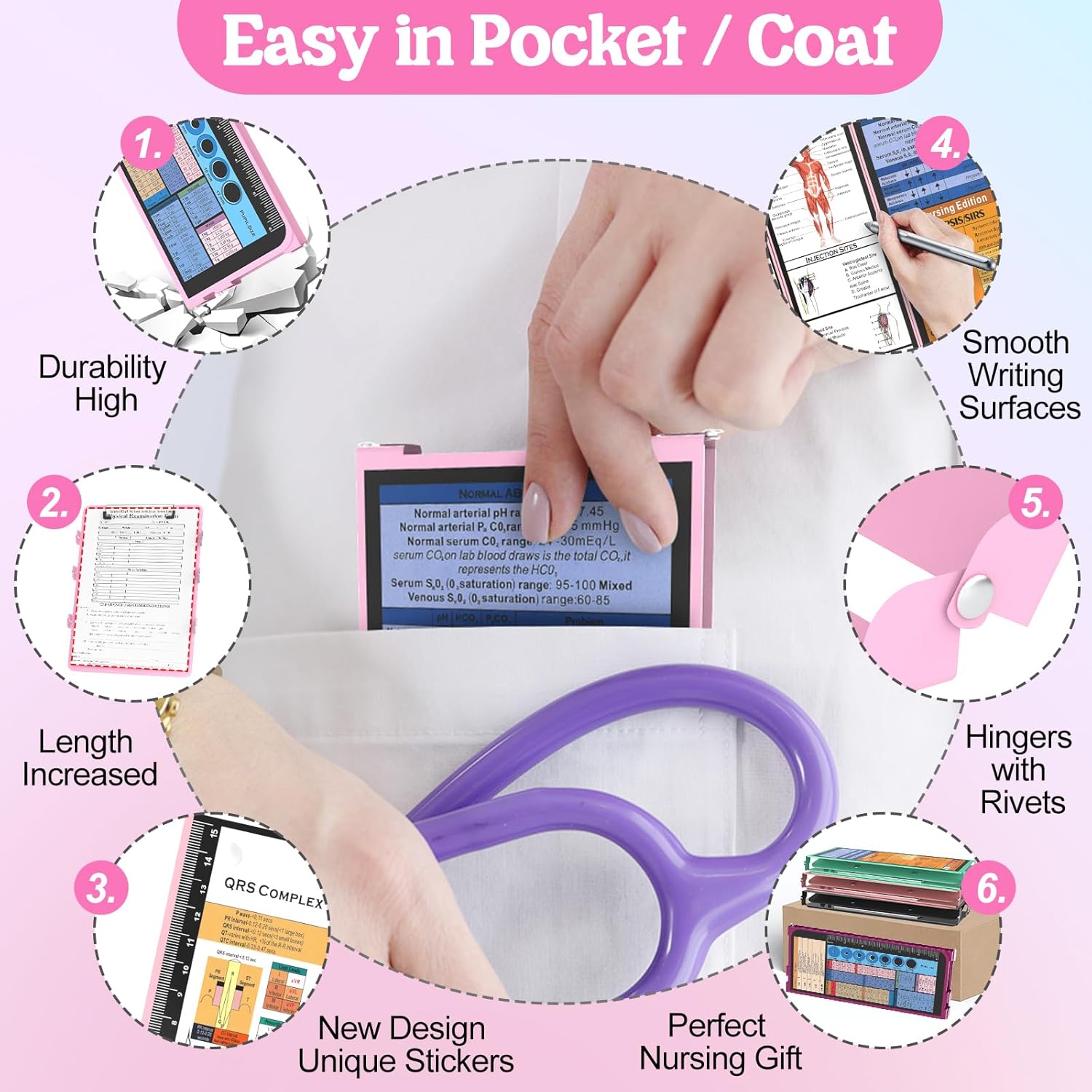 Nursing Clipboard Foldable-4 Layers Aluminum Nurse Foldable Clipboard Nursing Medical Edition Cheat Sheets, Pocket Size Pen Clip for Nurses Students School and Doctors-Pink thumbnail