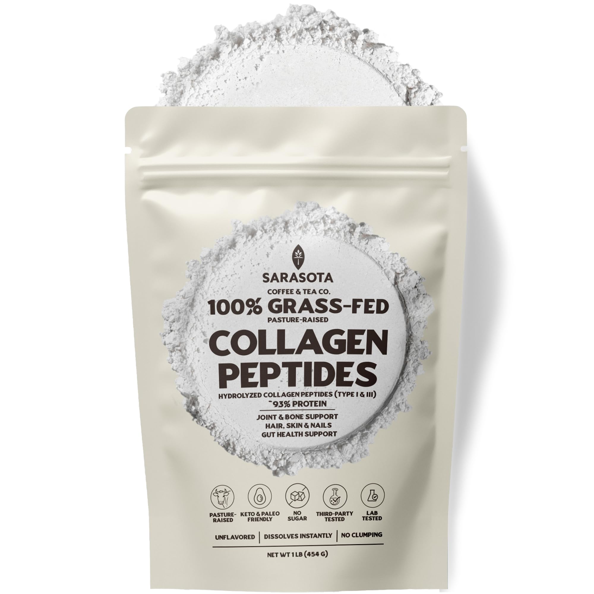 Collagen Peptides Powder 1 lb (16 oz) – Grass-Fed Bovine Hydrolyzed Collagen Type I & III – Unflavored, 12g Collagen per Serving, Keto & Paleo Friendly, No Sugar, Resealable Bag