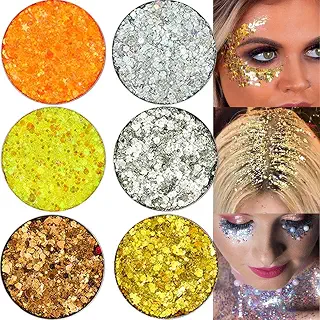 evpct 6Pcs Single Glitter Sparkle Eyeshadow Palette Glitter Glue Gel Pallete Eyeshadow Face Body Paint Glitter Neon Orange Yellow Gold Silver Colorful Sparkly Eye Makeup Glitter Eyeshadow Palette