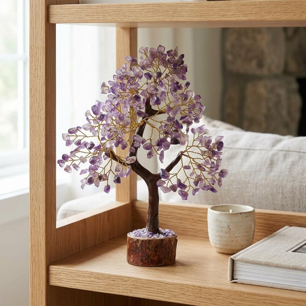PREK Crystals and Stones, Amethyst Crystal Showpiece for Home Decor Decoration Bonsai Money Tree, Size 10-12 inches, Purple Golden Wire. 1 Piece