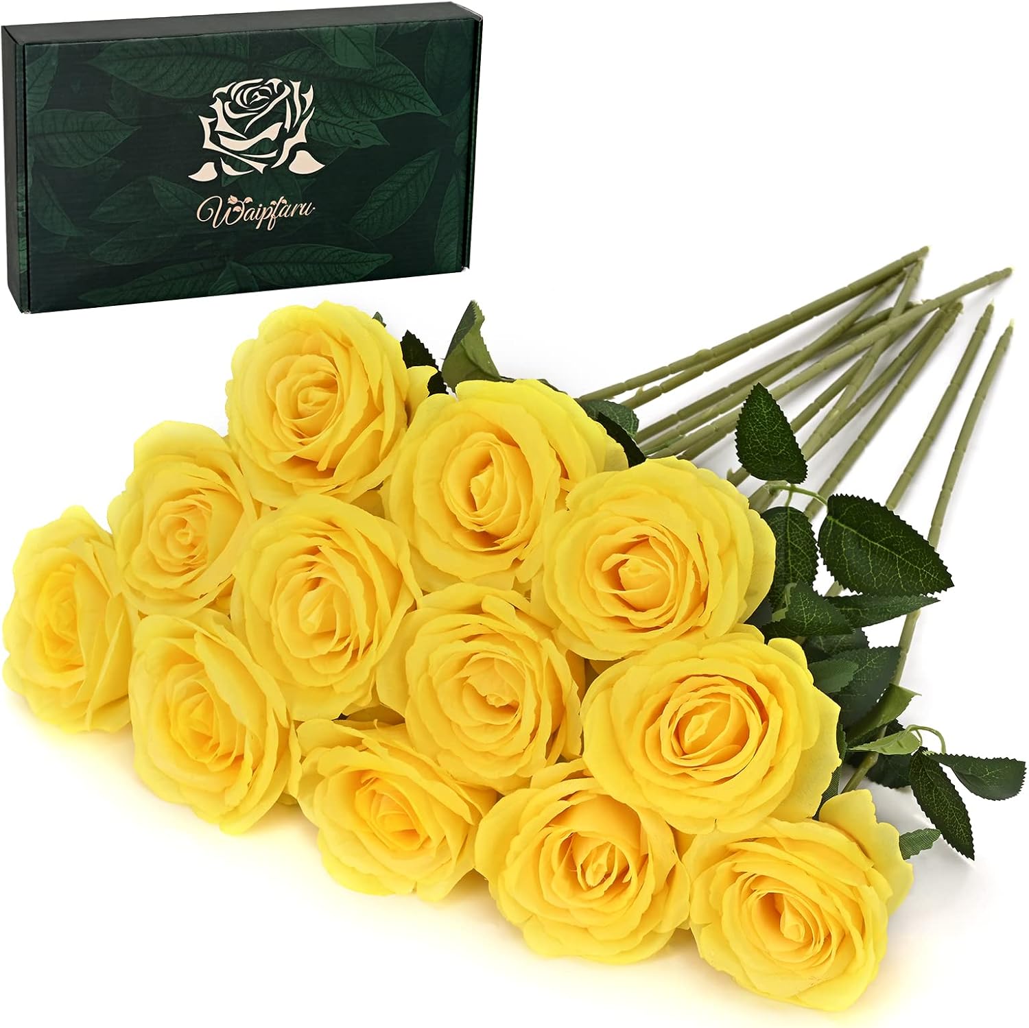 Waipfaru 12 Pcs Artificial Flowers Fake Silk Yellow Roses