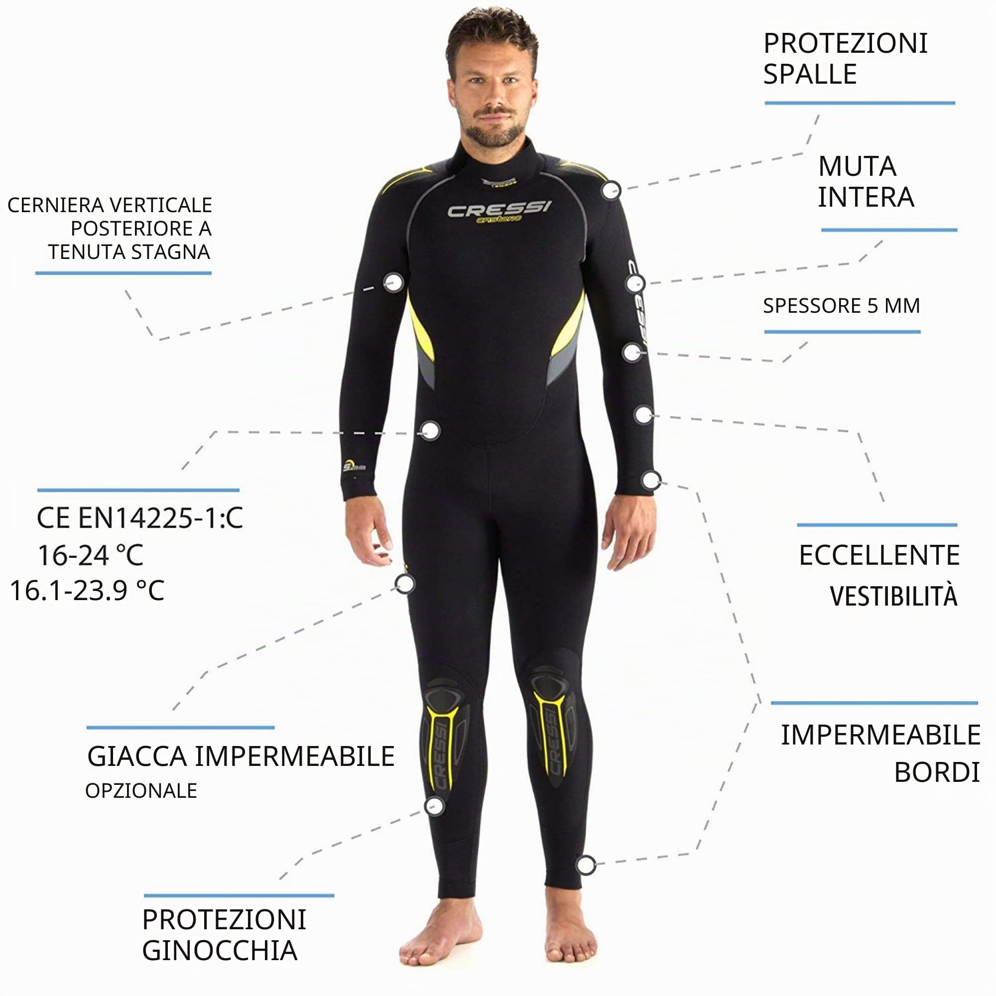 Cressi Castoro Man Monopiece Wetsuit 5 or 7mm - Muta Subacquea Uomo in Neoprene High Stretch Disponibile in 5 o 7 mm, Varie colorazioni
