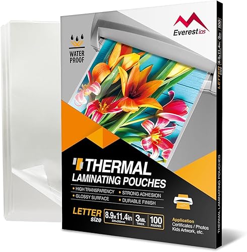 Everest Thermal Laminating Sheets, 8.9 x 11.4 Inches, 3 Mil Thick(80 Mic), 100 Pack, Letter Size Laminating Pouches, for Education, Classroom and