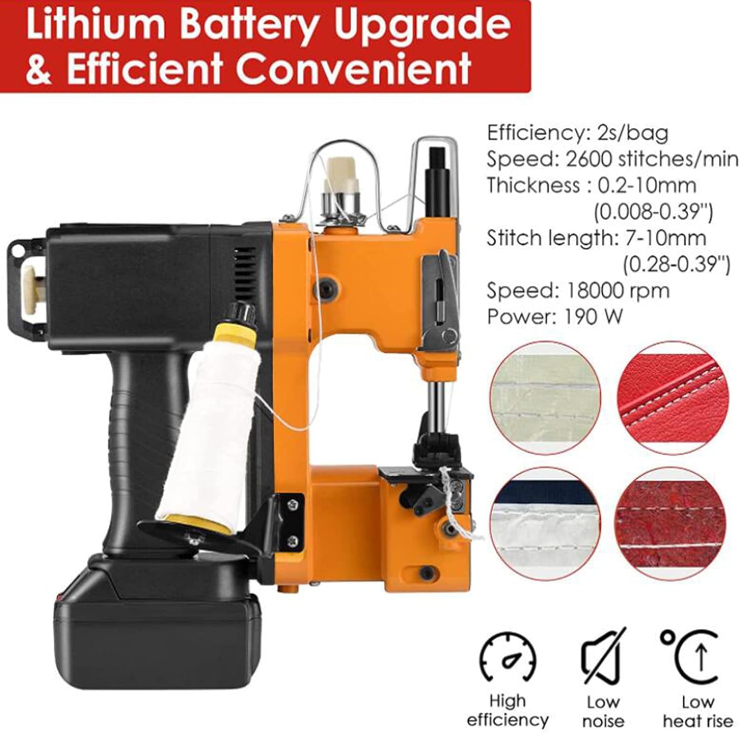 Bag Closing Machine,Handheld Bag Stitcher Industrial Bag Closer Machine ofr Rice/Sack/Woven/Paper/Plastic Bags,190w 220v 18000 Rpm Stitch Length 7-10mm 2600mah Lithium Battery