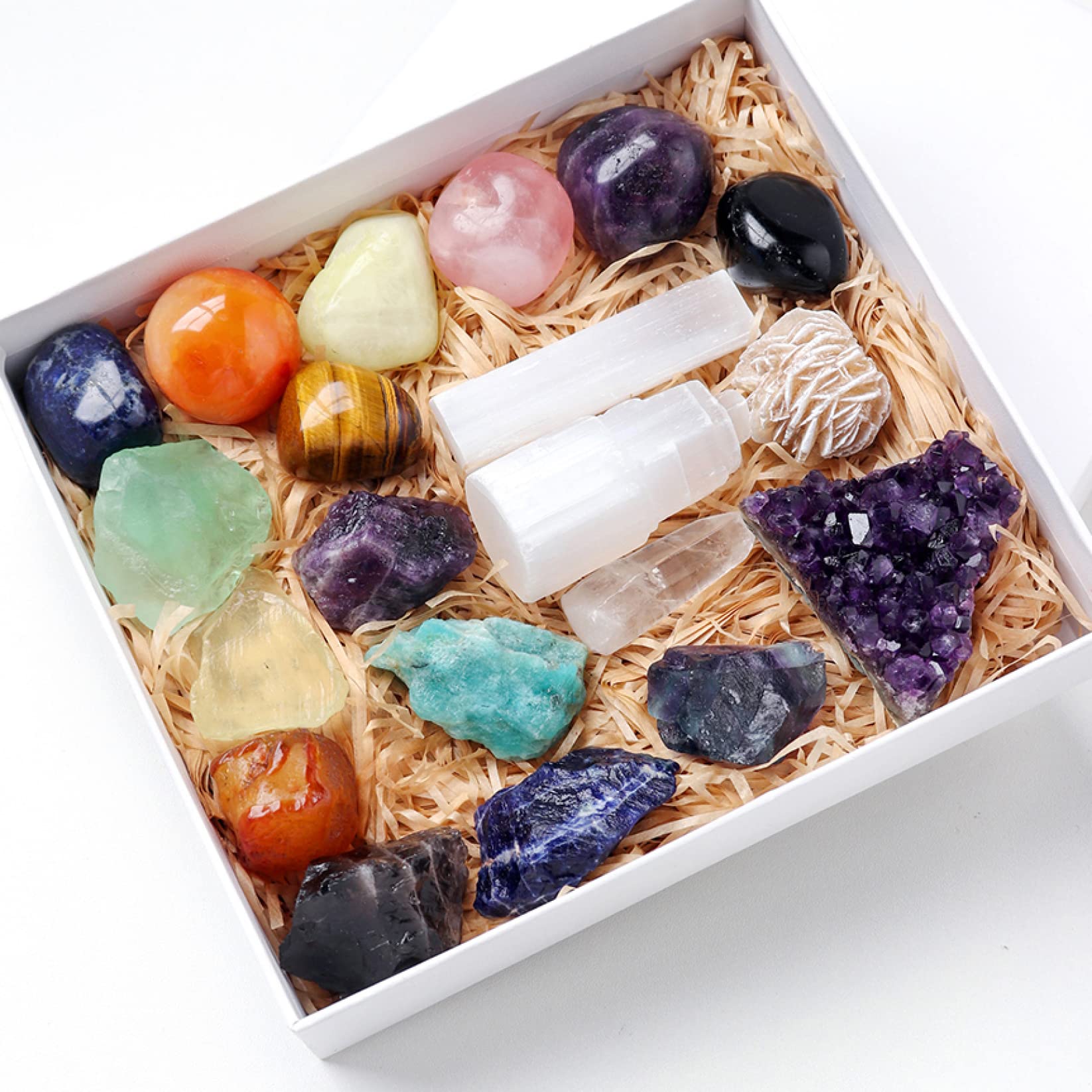 Piedras y Cristales Natural Piedras Preciosas Amatista Fluorita Juego de Piedras en Bruto Curación Cristal Energía Torre de selenita Colección de brujería Caja de Regalo Inicio Colecciones