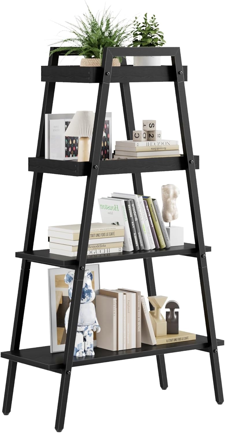 VECELO Ladder Shelf, 4-Tier Bookshelf with Enclosed Edges Design, Wooden Storage Rack Freestanding Bookcase for Living Room Home Office, Black